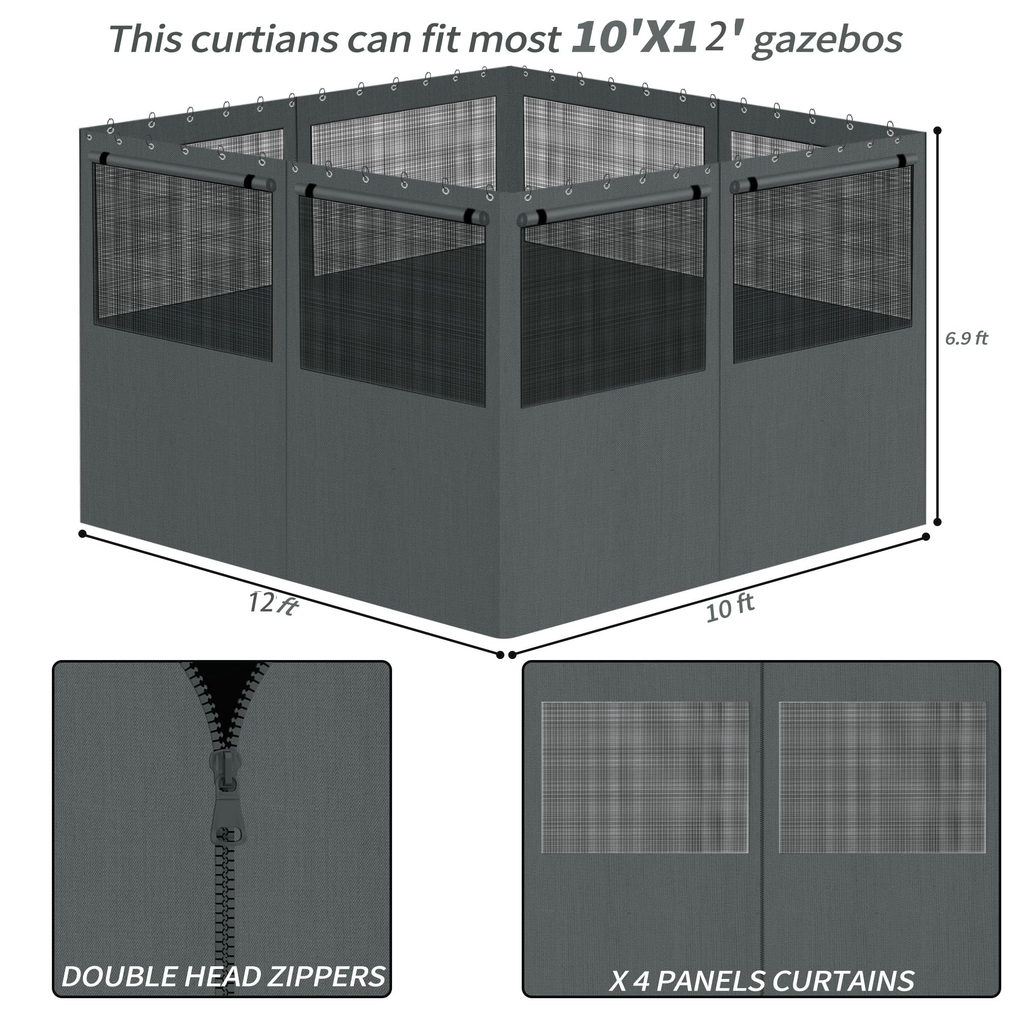 Gazebo Privacy Curtains 10' x 10' with Mosquito Windows, 4-Panels Side Wall with Zipper Universal Replacement for Patio, Outdoor Canopy, Garden and Backyard, Gray (Curtain Only)