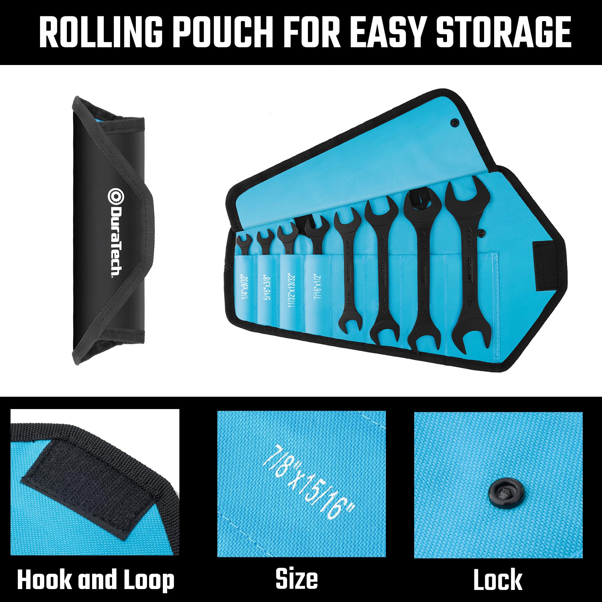 DURATECH Super-Thin Open End Wrench Set, Metric, 8-Piece, 5.5mm to 27mm, Black Electrophoretic Coating, with Rolling Pouch