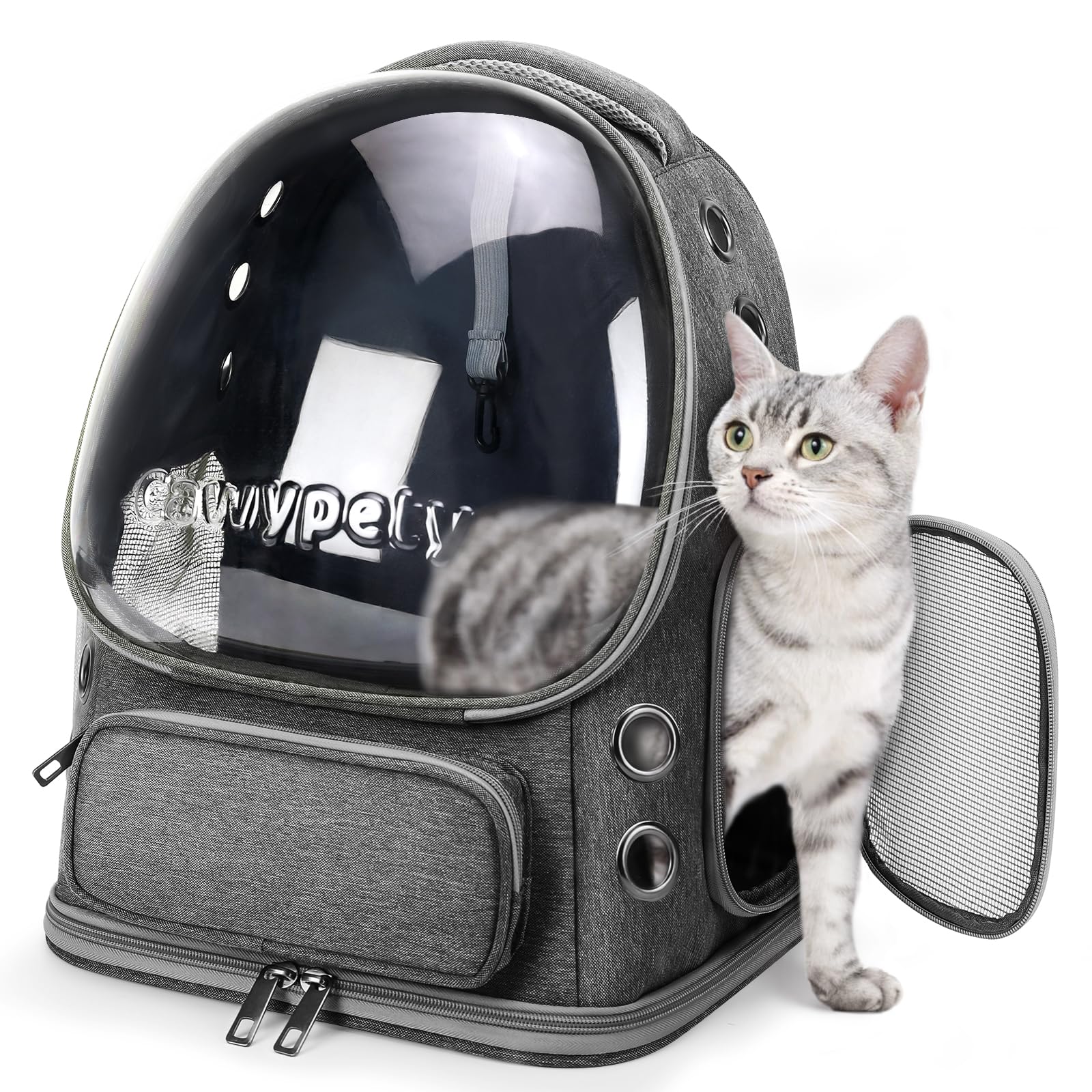 Cawypety Cat Backpack Carrier, Breathable Cat Carrier Large Space Bubble Pet Backpack for Kitty Small Dog up to 12lbs, Transparent & Foldable Pet Carrier for Travel Hiking (Black
