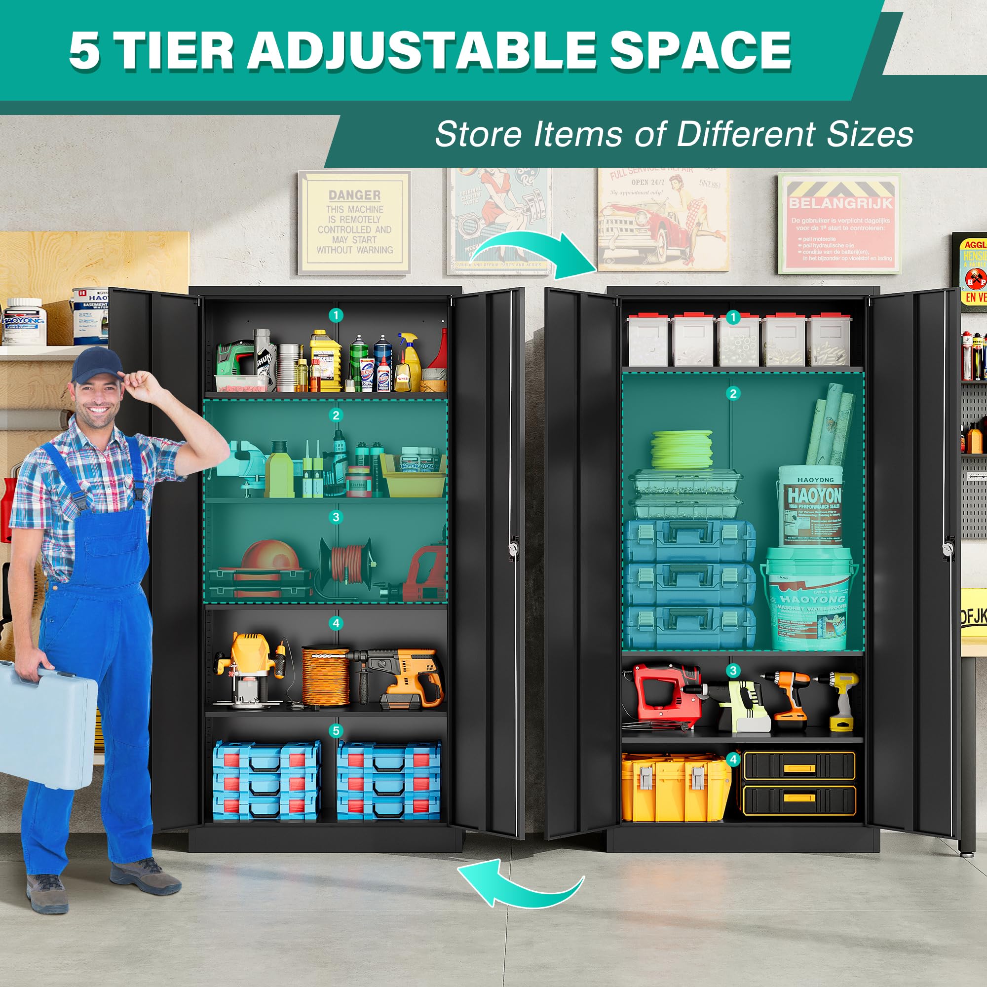SISESOL Wide & Deep Metal Storage Cabinet with Wheels,Tall Rolling Garage Storage Cabinet with Lock,Black Metal Cabinets with Pegboards and Shelves,Tool Locker for Garage,Home,Office,43''Wx 20''Dx71"H