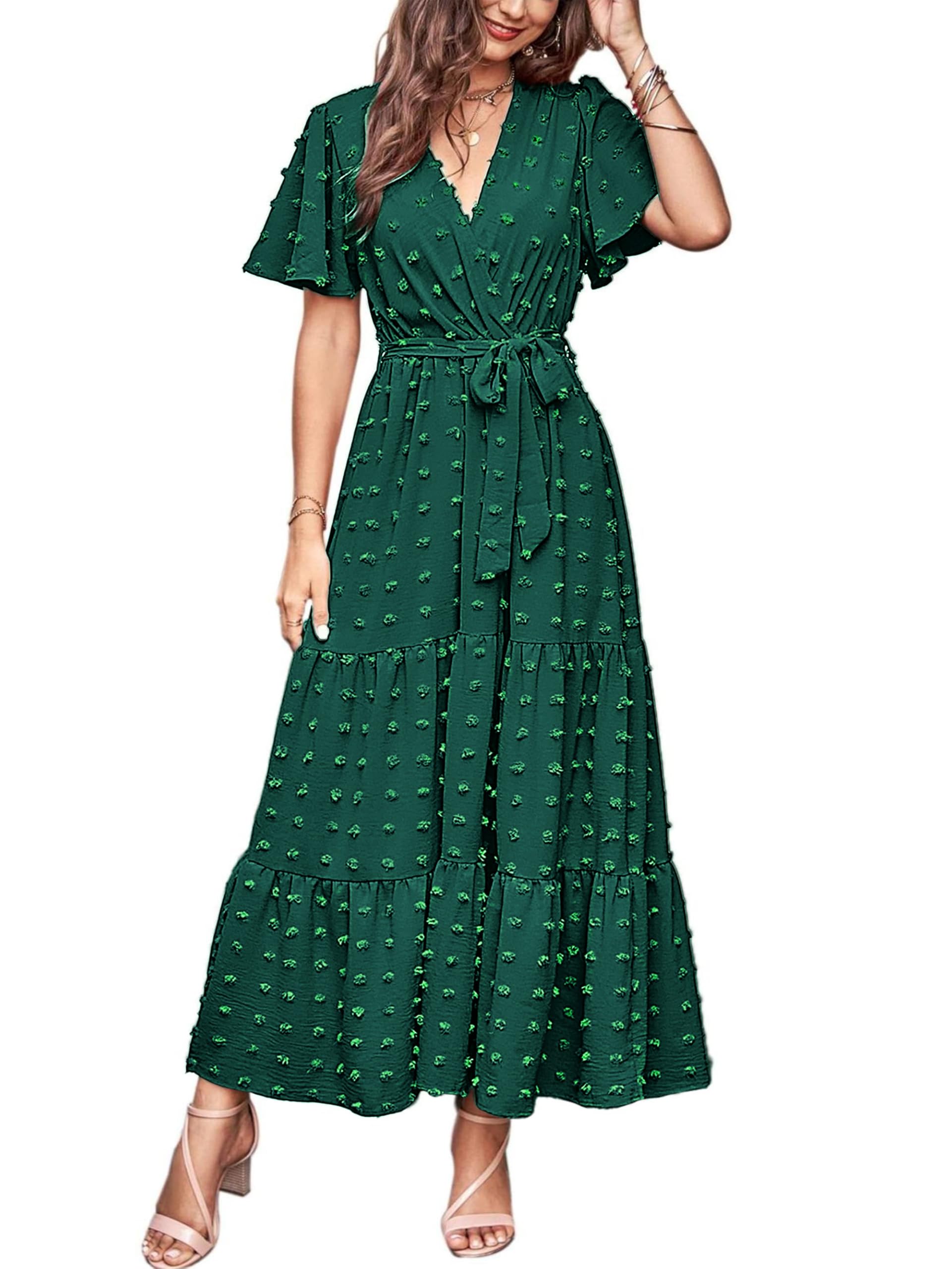 MASCOMODA Womens Summer Swiss Dot Maxi Dresses Wrap V Neck Flutter Short Sleeve Boho Casual Flowy Long Wedding Guest Dress