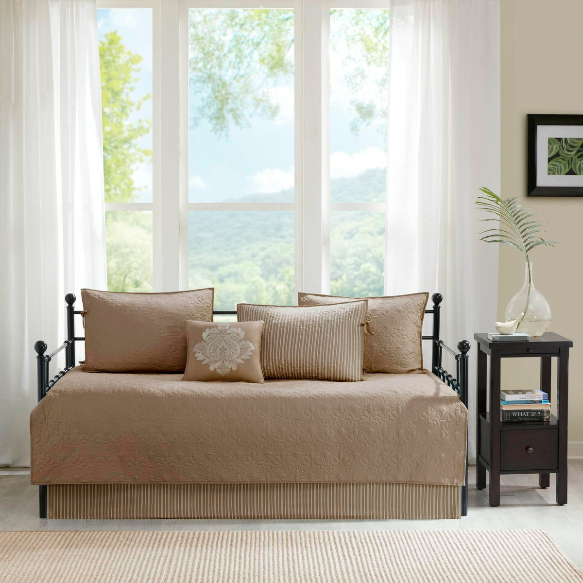 Madison Park Cotton Daybed Cover Set-Double Sided Quilting Classic Cottage Design All Season Bedding with Bedskirt, Matching Shams, Decorative Pillow, 75"x39", Quebec Dark Grey 6 Piece