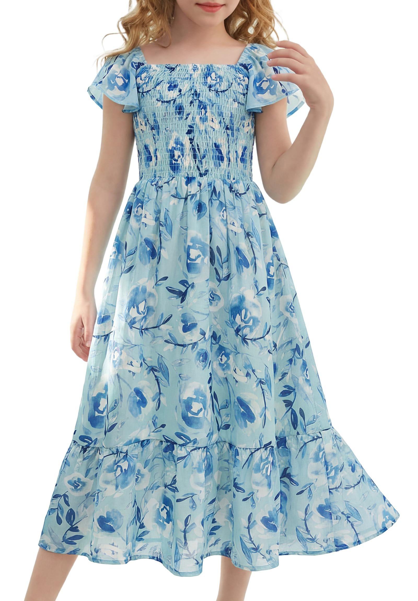 GRACE KARIN Girls Flutter Sleeve Floral Dresses Girl Long Midi Spring Dress Kids Smocked Flare Summer Dress 6-16Y