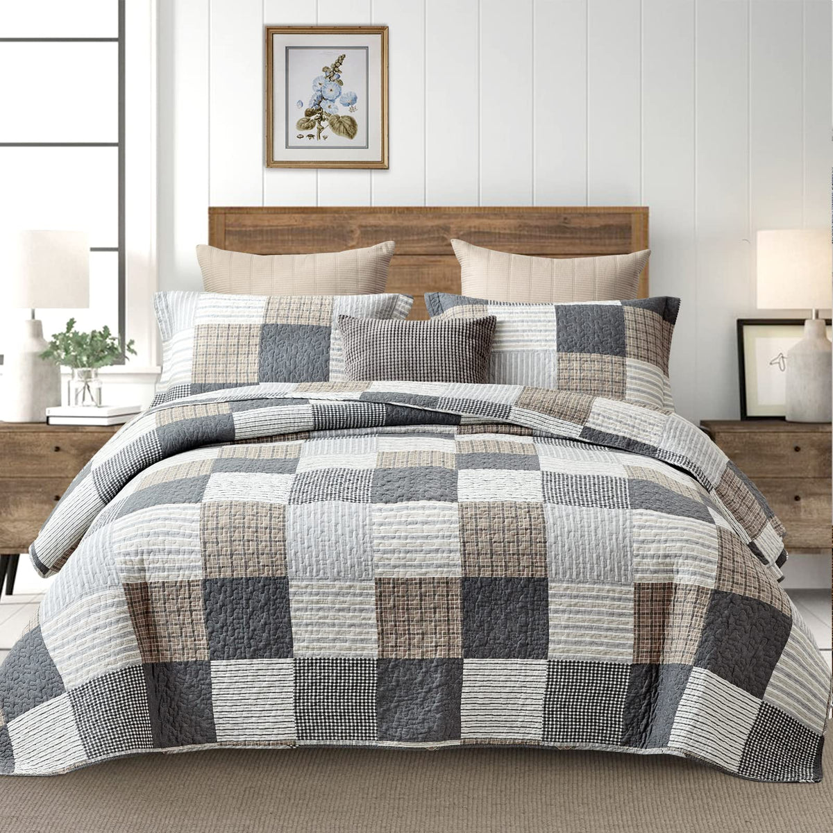 Y-PLWOMEN 100% Cotton Farmhouse Plaid Lightweight 3-Pieces Quilt Set (Blue Brown, Queen90 * 98 Inch)