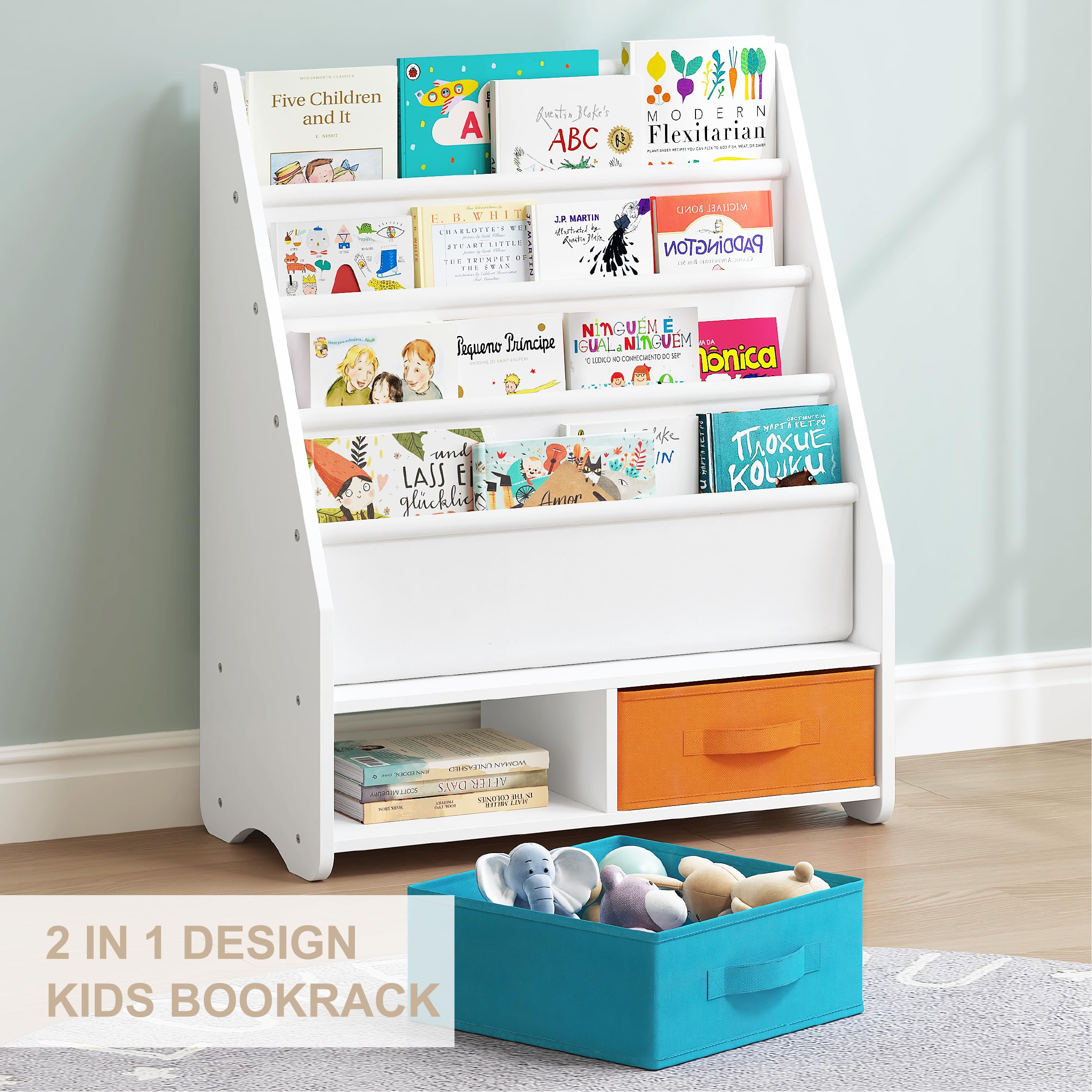 UTEX Kids Sling Bookshelf - Kids Magazine Rack with Organizer, Book Organizer (Espresso)