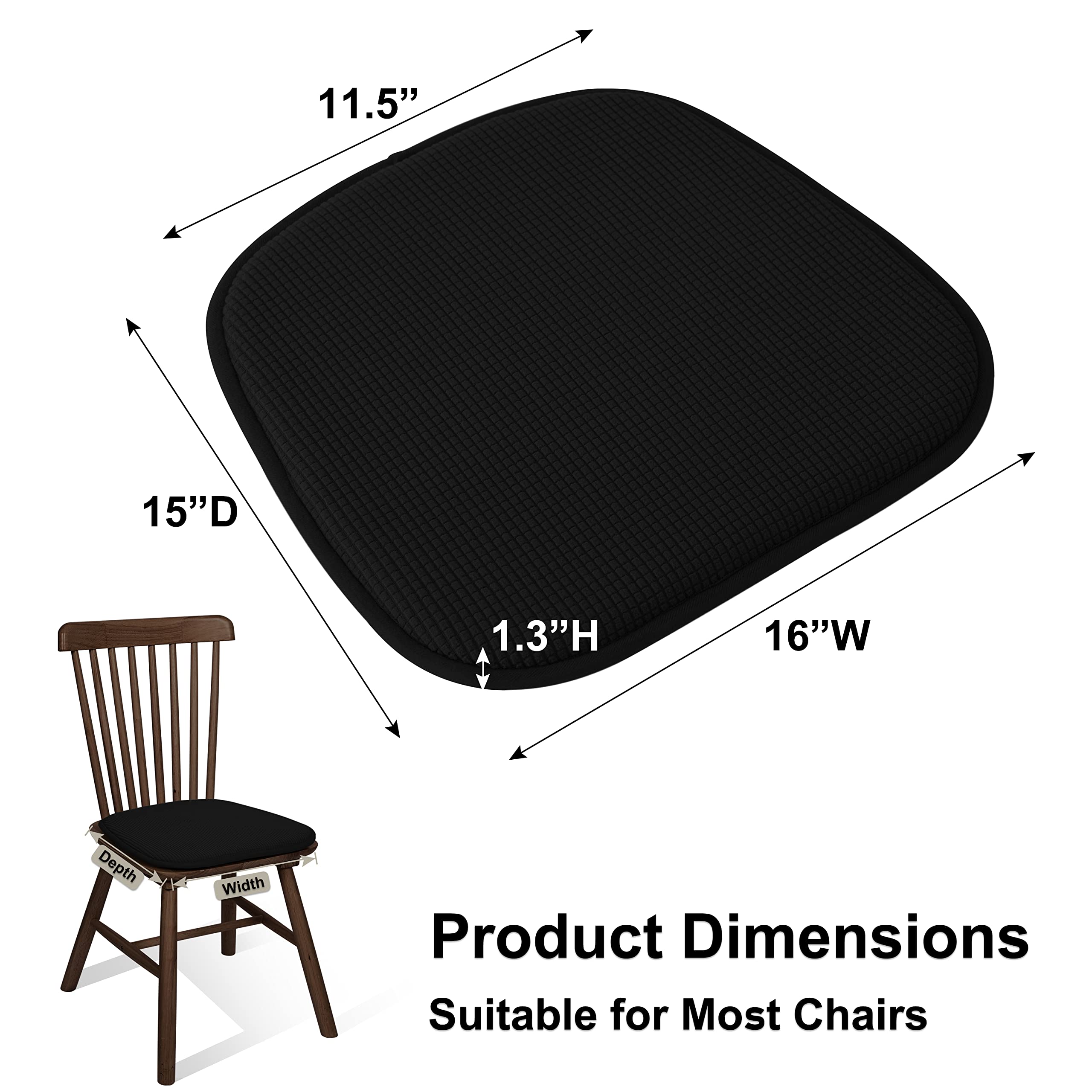 Shinnwa Dining Chair Cushions 2 Pack, Non Slip Indoor Chair Pads, U-Shaped Kitchen Seat Cushions, Set of 2, 15 x 16 Inches, Black