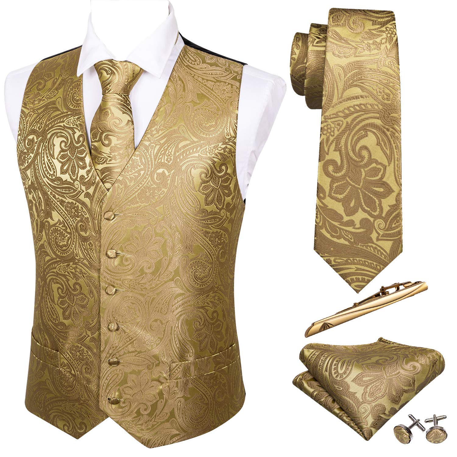 Barry.Wang Men's Suit Vest Formal/Leisure Paisley Jacquard Silk Tie Pocket Square Waistcoat Set Wedding 5PCS