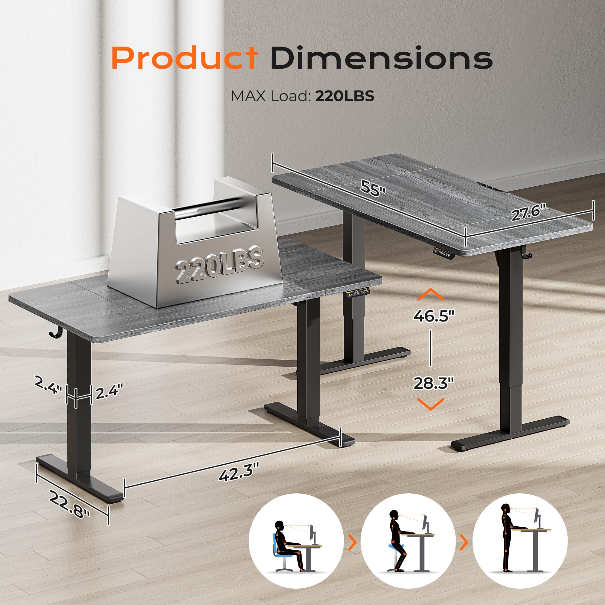 Huuger 48 x 28 Large Electric Standing Desk, Height Adjustable Desk, 27.6" Deep Desktop, Stand up Gaming, 2 Hooks, 3 Preset Heights, for Home Office, Black