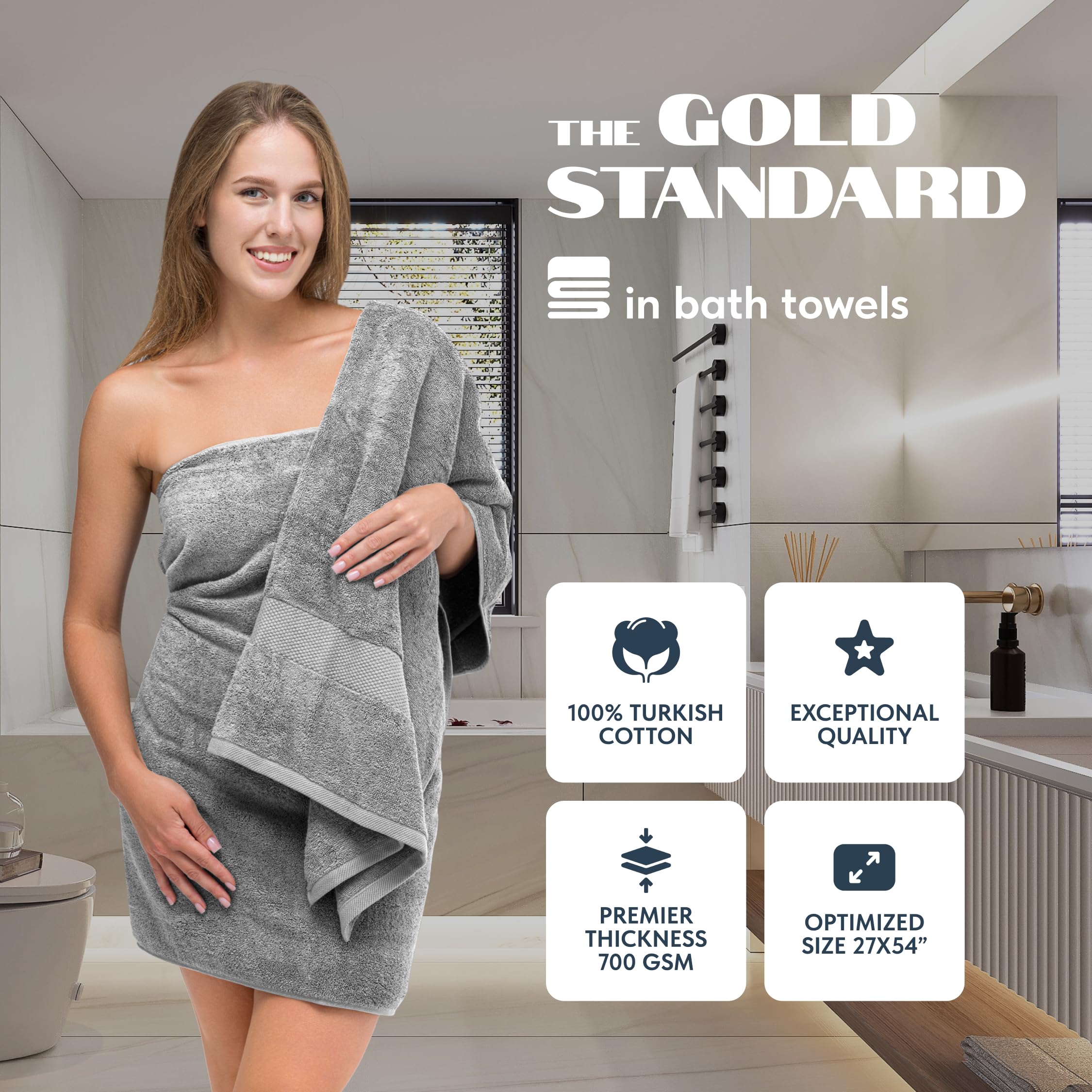 White Classic Luxury Bath Towels Set of 4 Large - 700 GSM Turkish Cotton Ultra Soft Bath Towels 27x54 | Highly Absorbent and Quick Dry | Hotel Towels for Bathroom Luxury, Plush Shower Towels, White