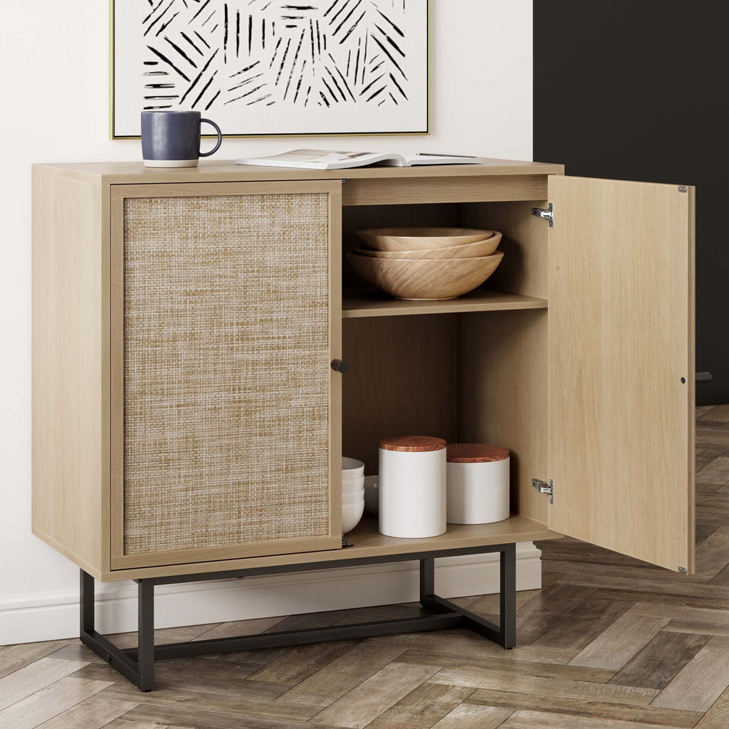 Nathan James Kova Rattan Wood Accent Sideboard Storage Cabinet with Matte Metal Frame, Adjustable Interior Shelves and Cane Doors, for Hallway, Entryway or Living Room, Black Oak/Cane