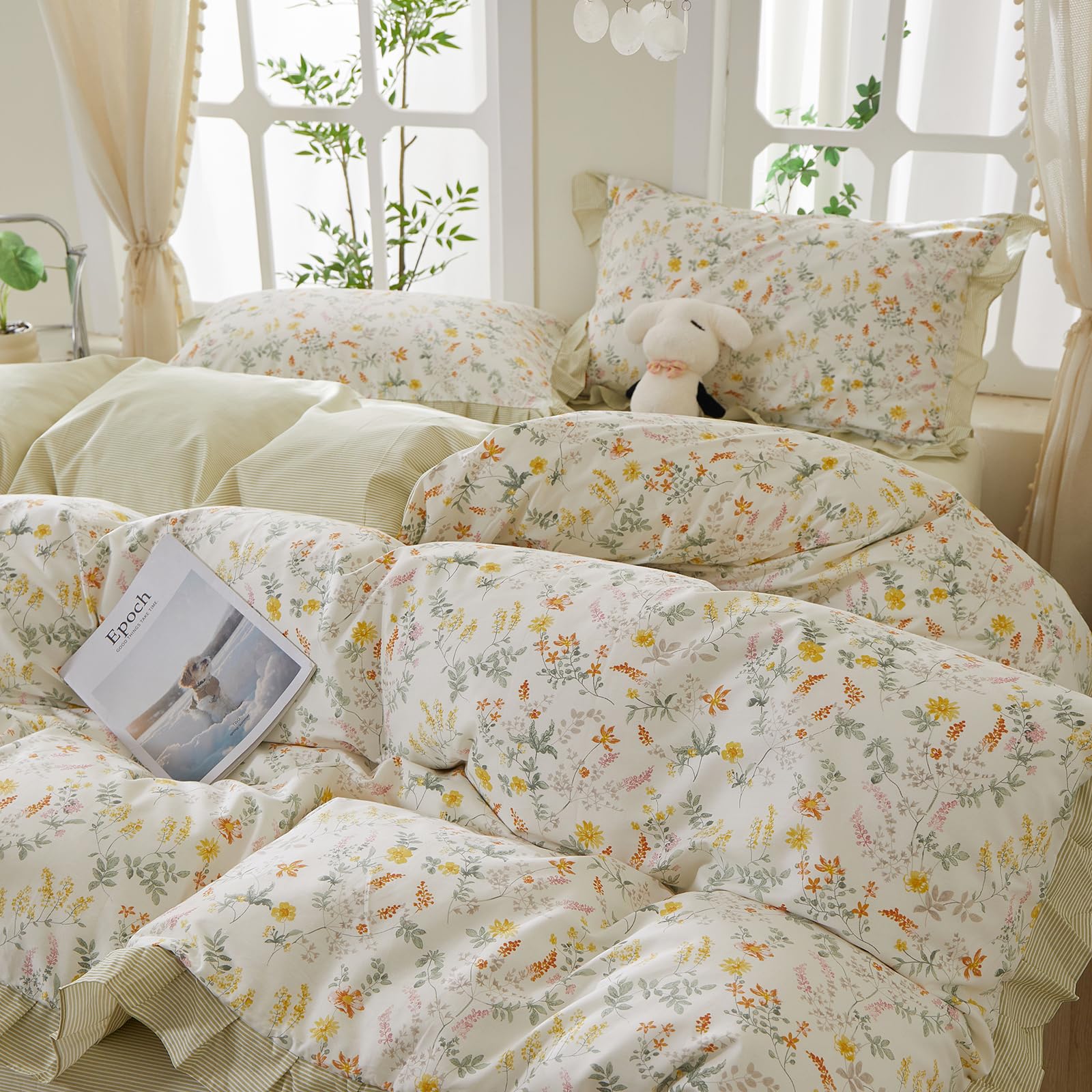 Pink Flower Duvet Cover Twin Chic Floral Print Ruffle Duvet Cover Cotton Lace Comforter Cover Country Style Floral Bedding Set Romantic Ruffle Comforter Cover Flower Bedding Cover with 2 Pillowcases