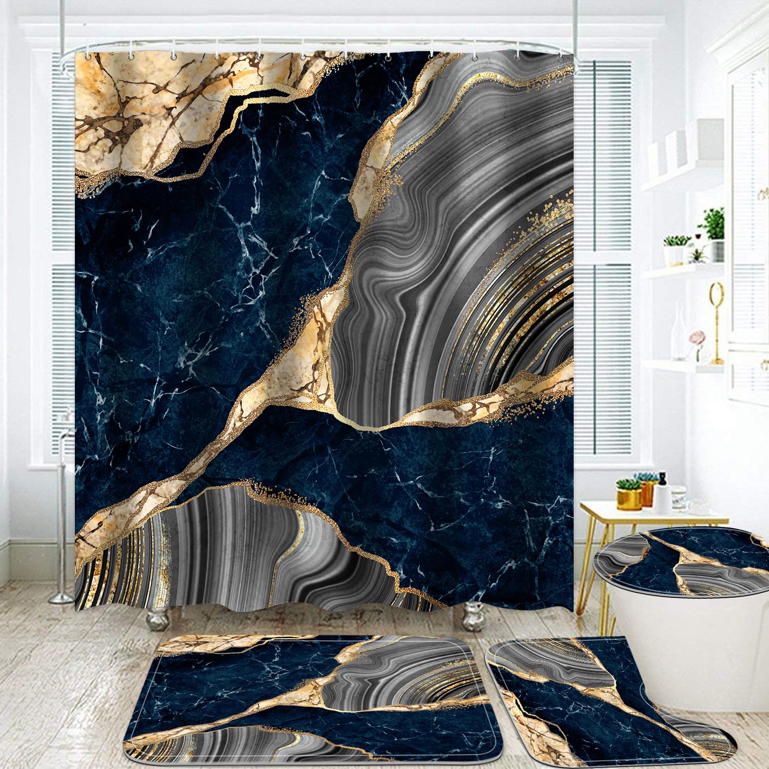 Nkzply 4 Pcs Black Marble Shower Curtain Sets with Rugs Gold Bathroom Sets with Shower Curtain and Rugs Modern Abstract Bathroom Decor Accessories Shower Curtains for Bathroom Toilet Lid Cover