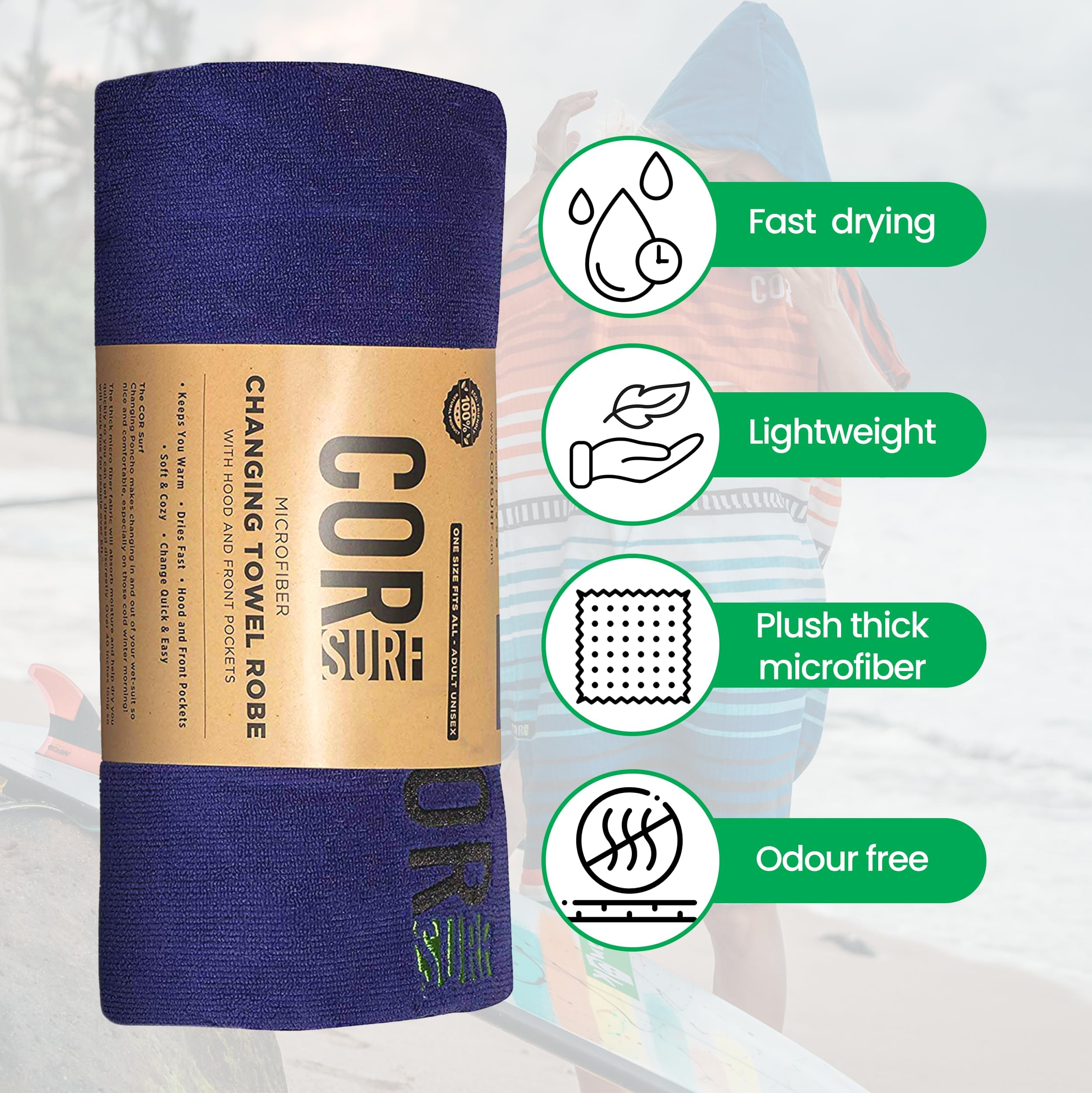 COR Surf Poncho Changing Towel Robe with Hood and Front Pocket | Thick Quick Dry Microfiber Wetsuit Poncho Towel for Surfing Beach Pool Swim (Medium, Cobalt)