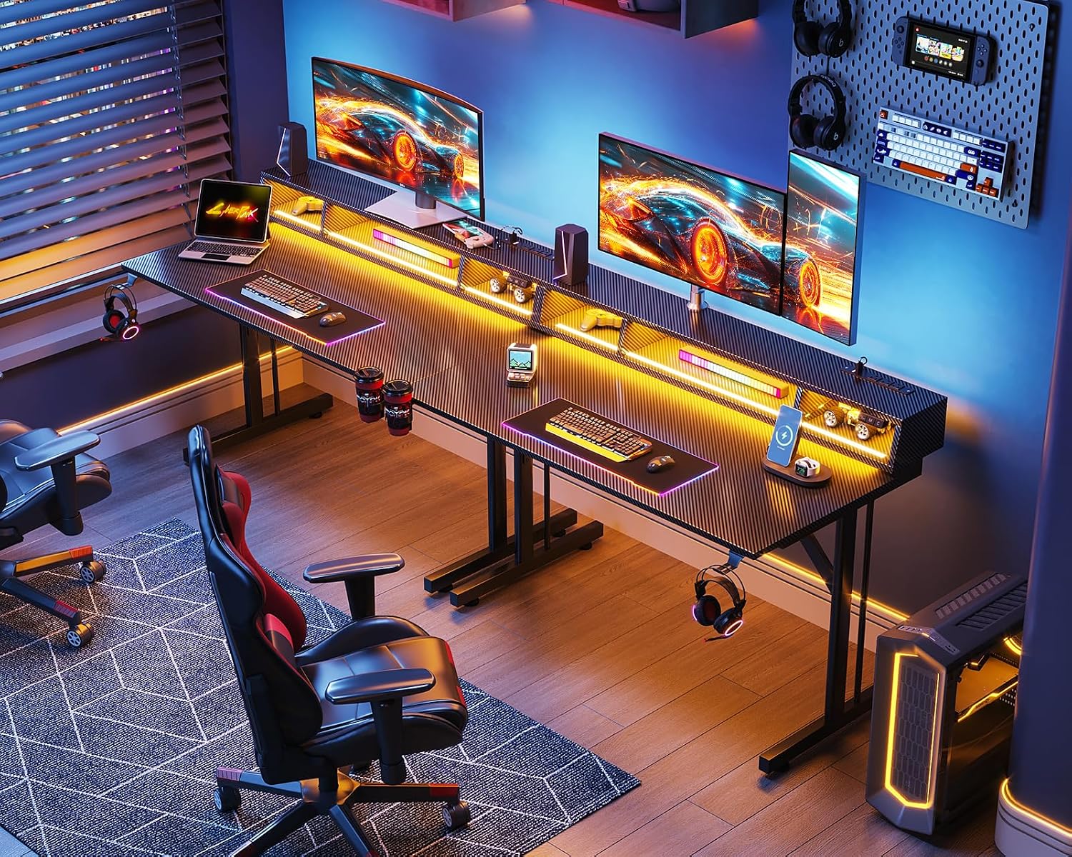MOTPK 40 inch Gaming Desk with LED Lights & Power Outlets, Small Computer Gaming Table with Float Monitor Stand, Kids Boys Desk with Carbon Fiber Texture