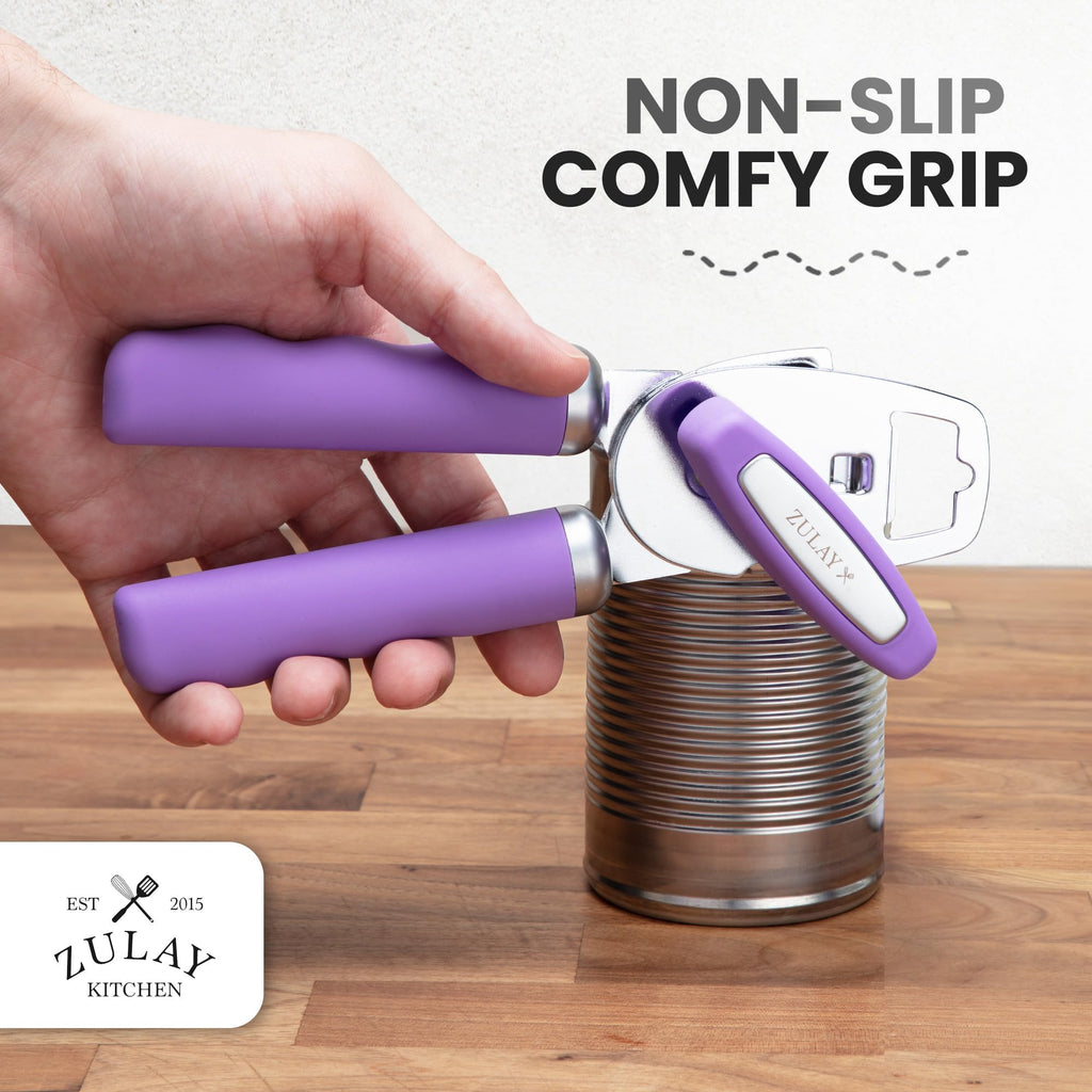 Zulay Kitchen Heavy Duty Stainless Steel Can Opener Manual with Bottle Opener - Rust Proof Manual Can Opener With Turn Knob & Comfy Soft Grip Handles - Airy Lilac
