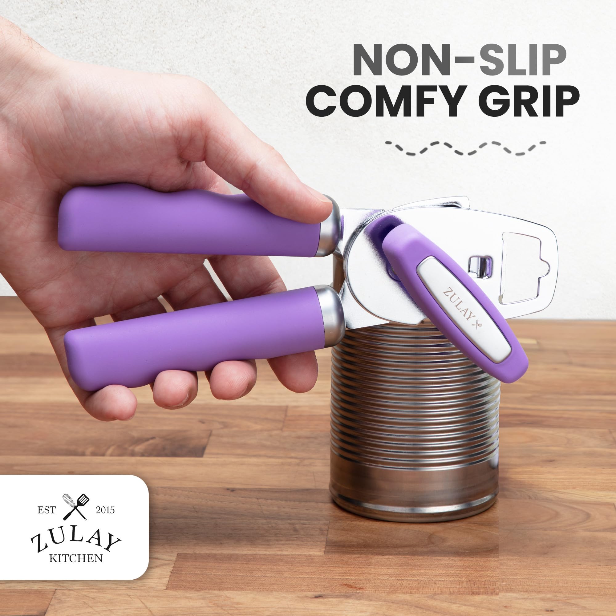 Zulay Kitchen Heavy Duty Stainless Steel Can Opener Manual with Bottle Opener - Rust Proof Manual Can Opener With Turn Knob & Comfy Soft Grip Handles - Airy Lilac