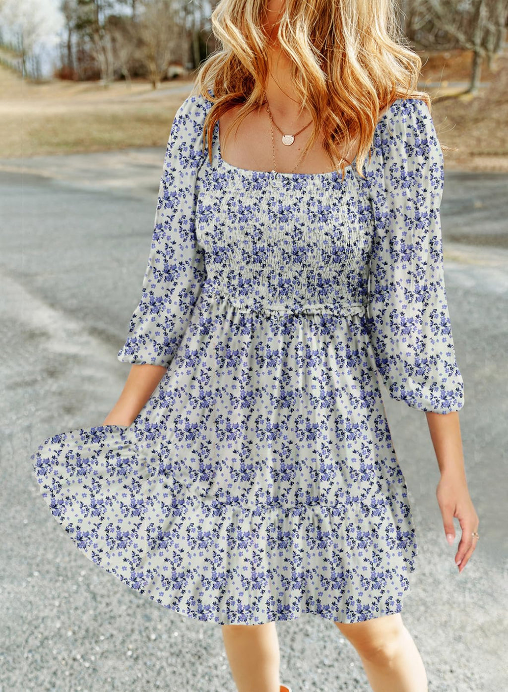 Dokotoo Fall Dresses for Women 2025 Boho Floral Square Neck Smocked 3/4 Sleeve Casual A-Line Swing Mini Dress Sundress