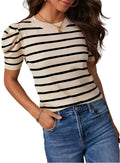 HAEOF Women's Striped Puff Short Sleeve Spring Tops 2026 Summer T Shirts Lightweight Sweater Dressy Casual Cute Work Blouses