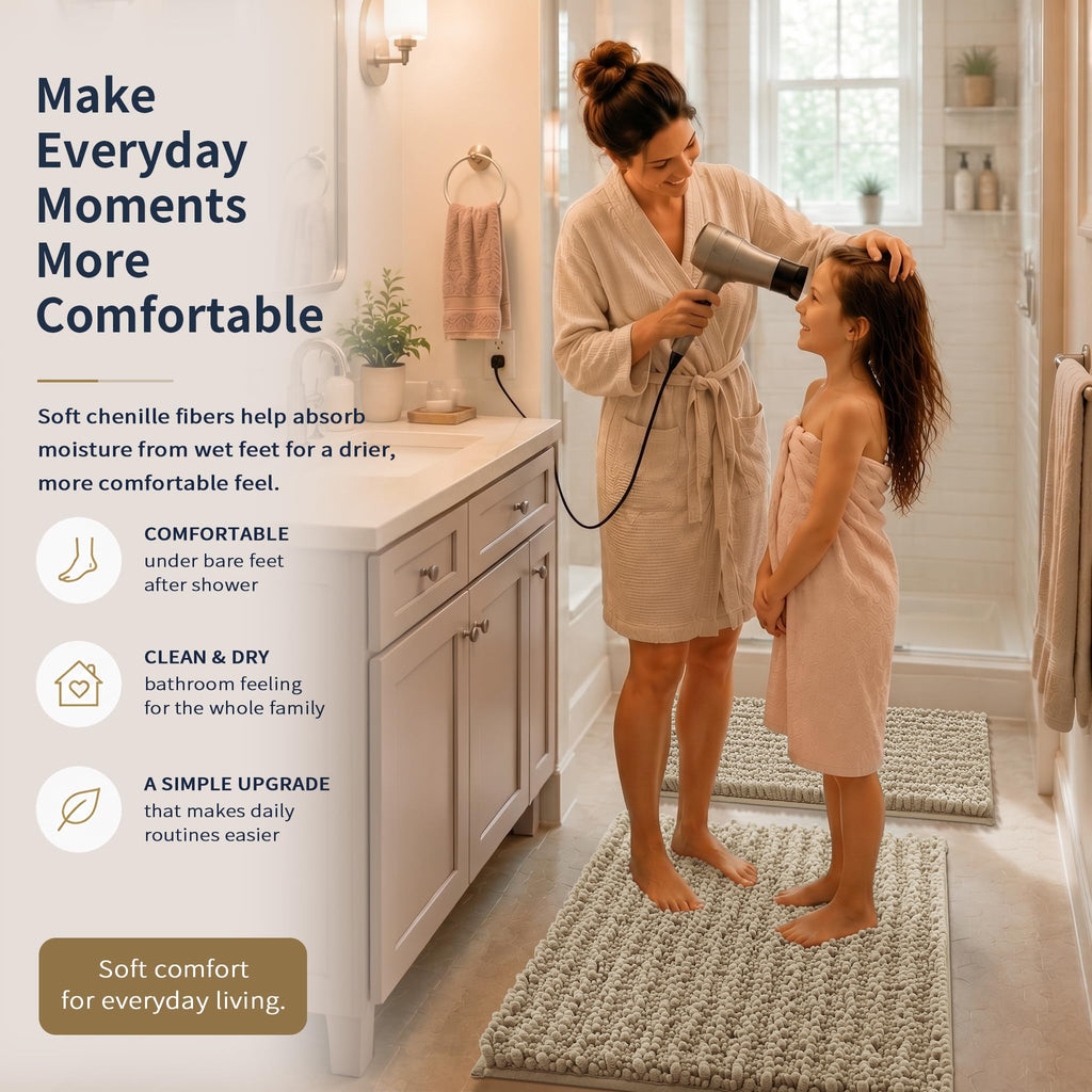 Yimobra Black Bathroom Rug Set 3 Piece - Super Absorbent Quick Dry Chenille Bath Mats & Toilet Rug, Non Slip Machine Washable, Extra Thick Shaggy Floor Mat for Shower Tub Sink