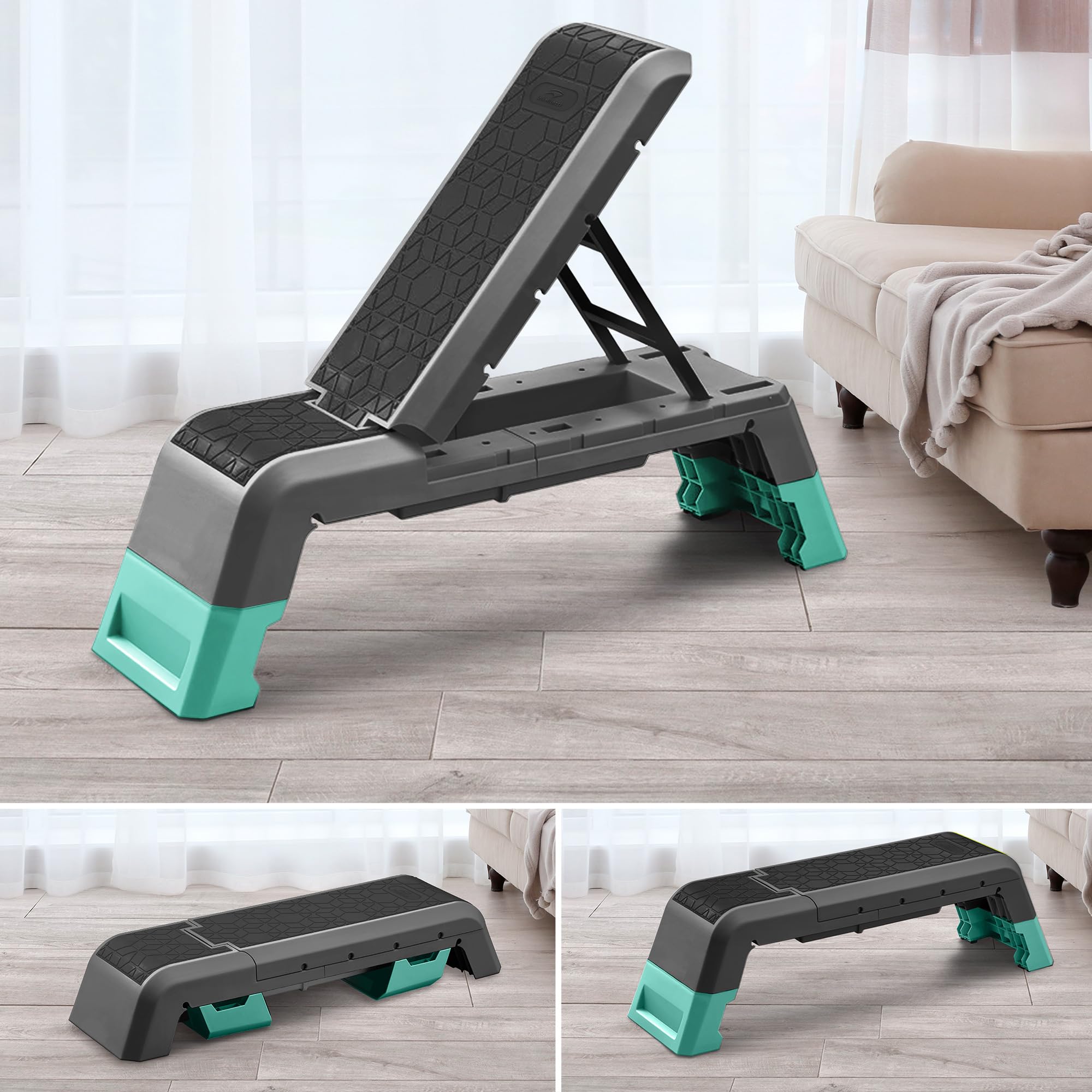 leikefitness Exercise Step Platform, Multifunctional Aerobic Deck with Cord and Adjustable Dumbbell & Weight Bench, Fitness Equipment for Workout Home Gym