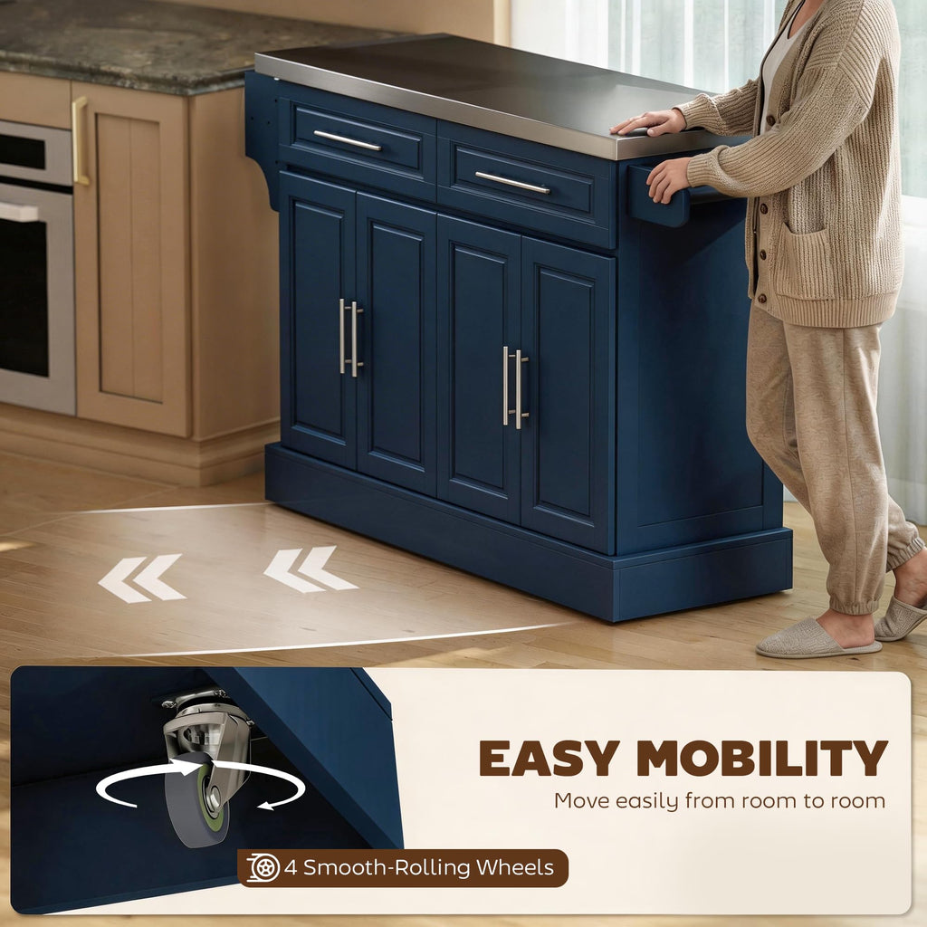 HOMCOM Rolling Kitchen Island Cart with 47" Stainless Steel Top, Portable Island Table for Kitchen with Wheels, Adjustable Shelves, 2 Drawers, Spice, Knife and Towel Rack, Black