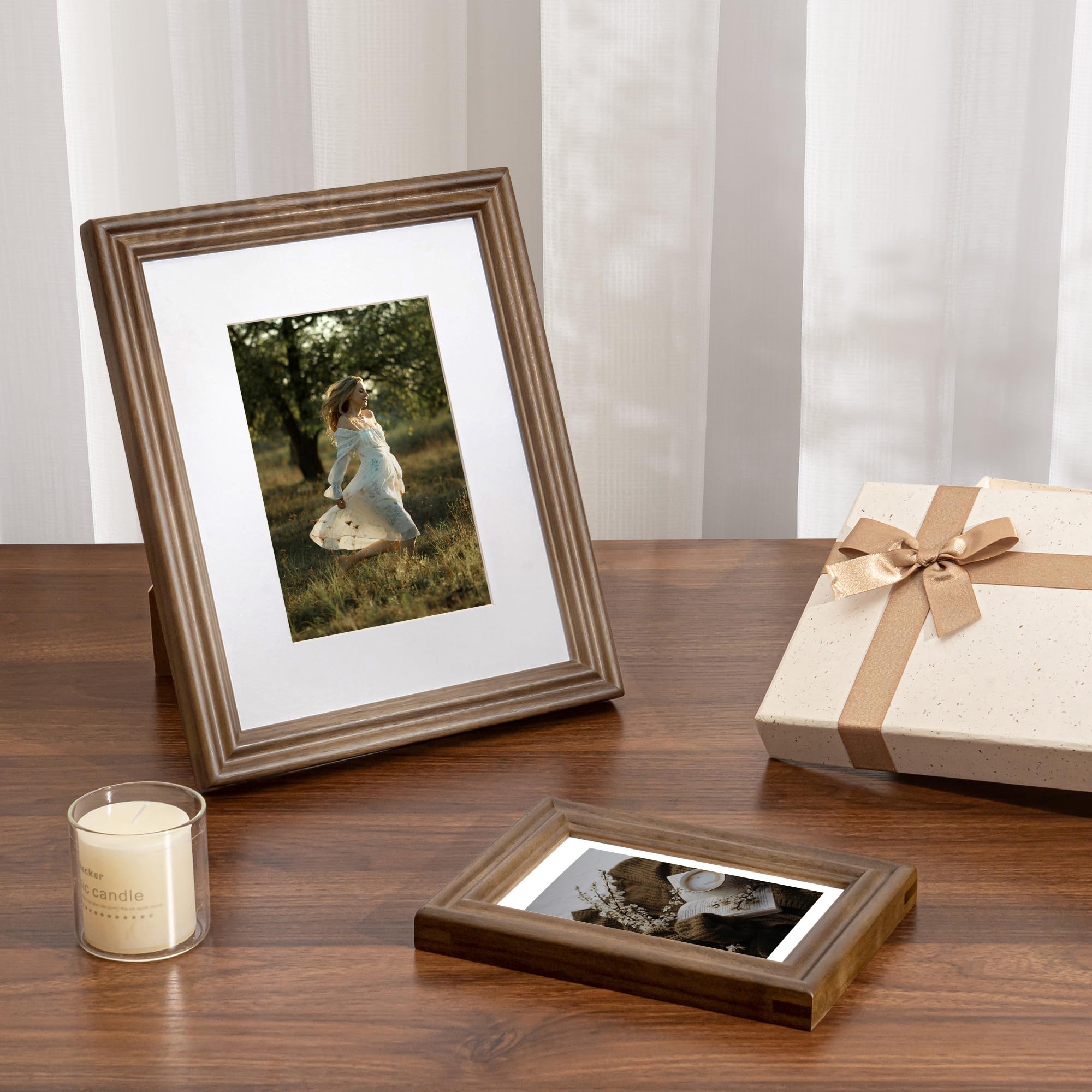 Fun Memories 5x7 Picture Frame with Mat for 4x6 Photo, Solid Elm Wood & Tempered Glass, Rustic Wall & Tabletop Display Frame, Grey, 1 Pack