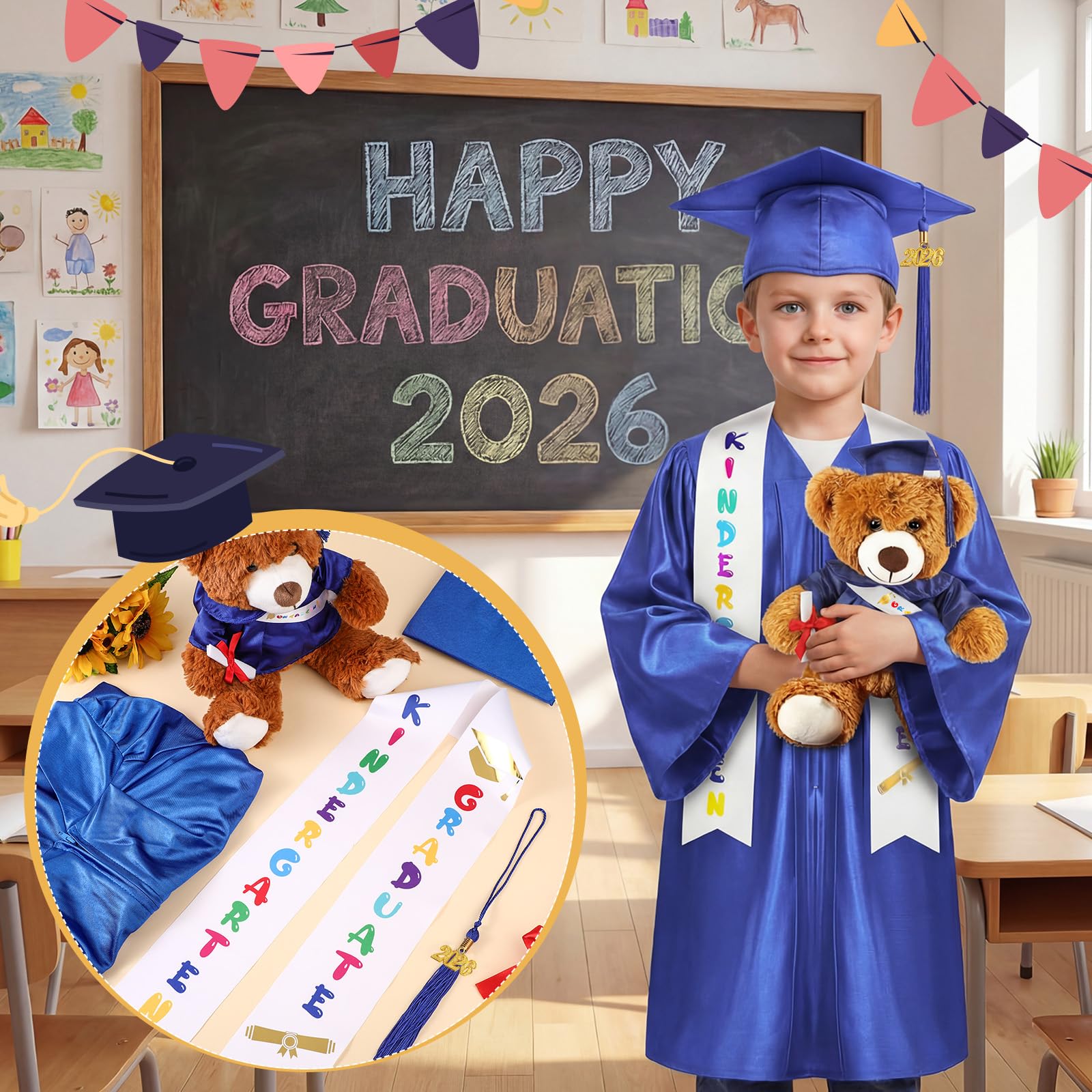 Sintuff 7 Pcs Kindergarten Preschool Graduation Cap and Gown with Bear Gifts 2026 Grad Stole Tassel Sash for Toddler Kids