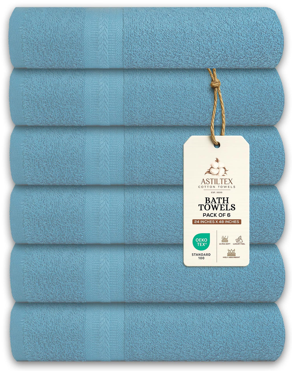 Medium Bath Towels Pack of 6 – 24x48 Inches – Soft, Quick Dry & Highly Absorbent – 100% Cotton Towels for Bathroom, Spa, Gym & Hotel – Aqua Blue