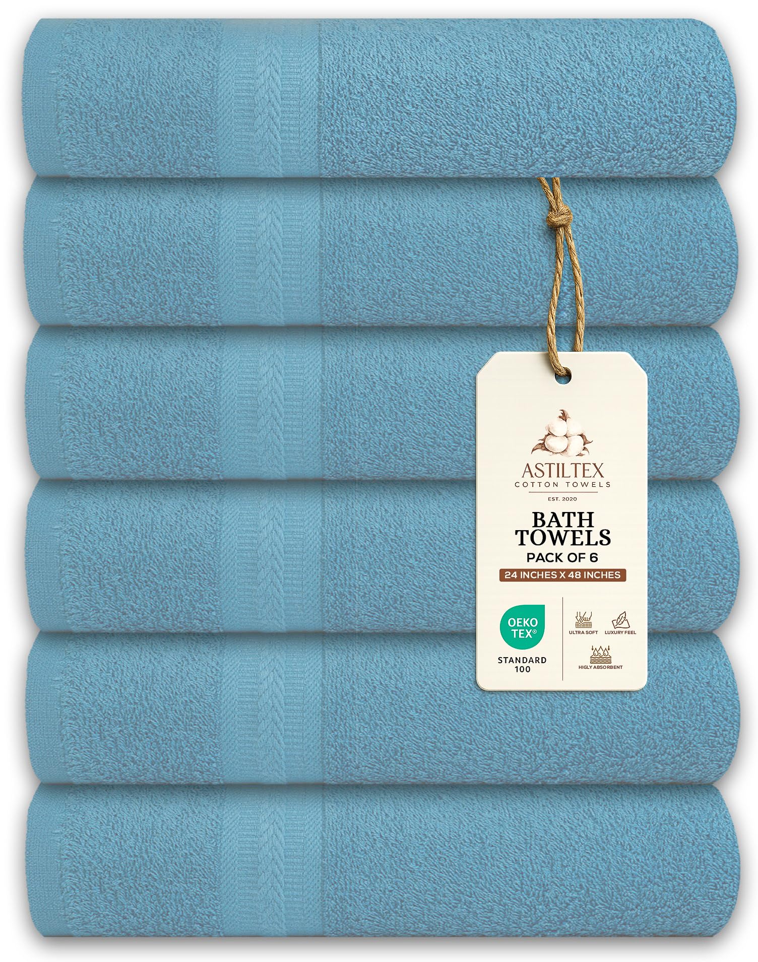 Medium Bath Towels Pack of 6 – 24x48 Inches – Soft, Quick Dry & Highly Absorbent – 100% Cotton Towels for Bathroom, Spa, Gym & Hotel – Aqua Blue