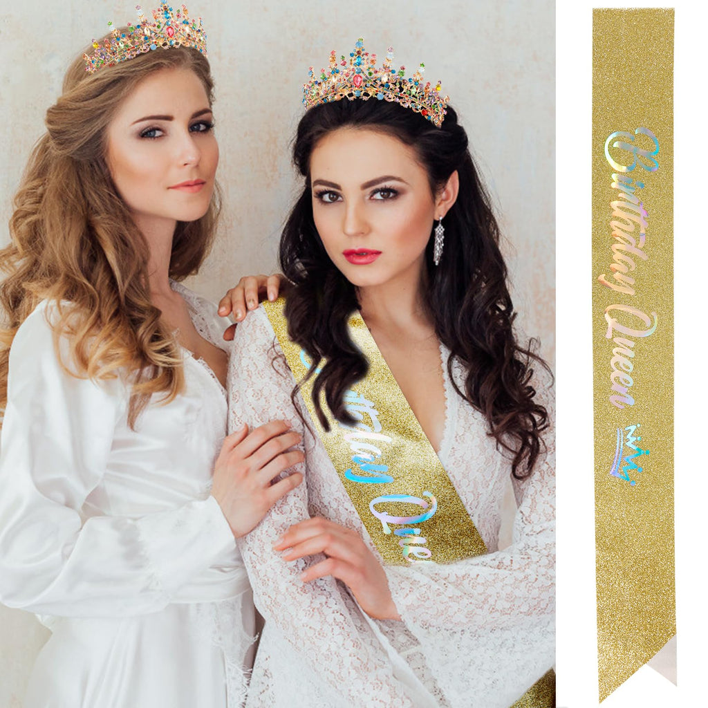 VELSCRUN AB Silver Crystal Birthday Queen Tiara Crowns for Women Girls Birthday Queen Headband Sash Elegant Princess Crown with Combs Hair Accessories Happy Birth Party Decorations Mom Gift