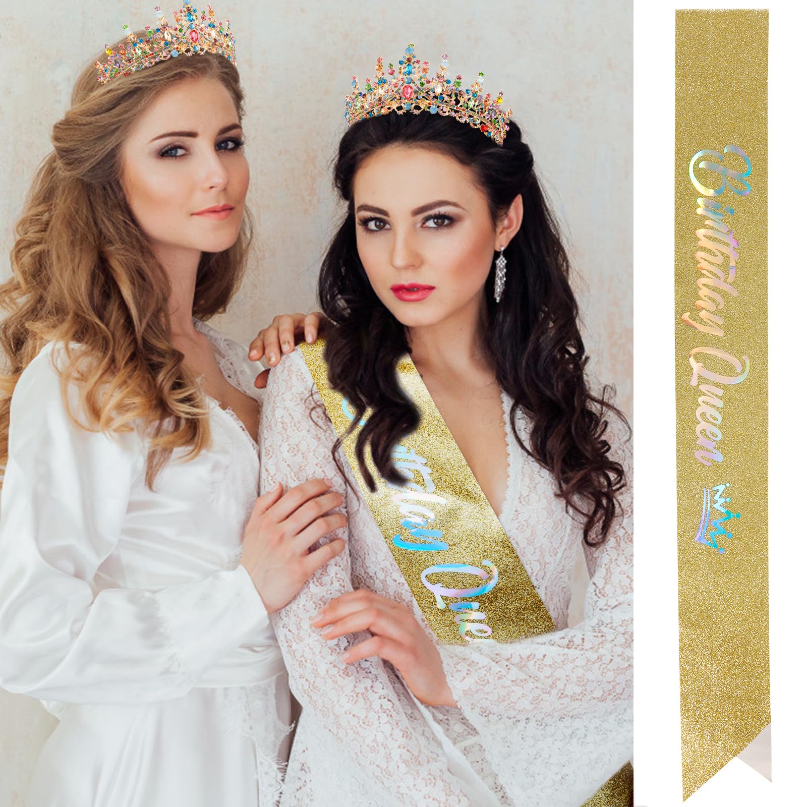 VELSCRUN AB Silver Crystal Birthday Queen Tiara Crowns for Women Girls Birthday Queen Headband Sash Elegant Princess Crown with Combs Hair Accessories Happy Birth Party Decorations Mom Gift