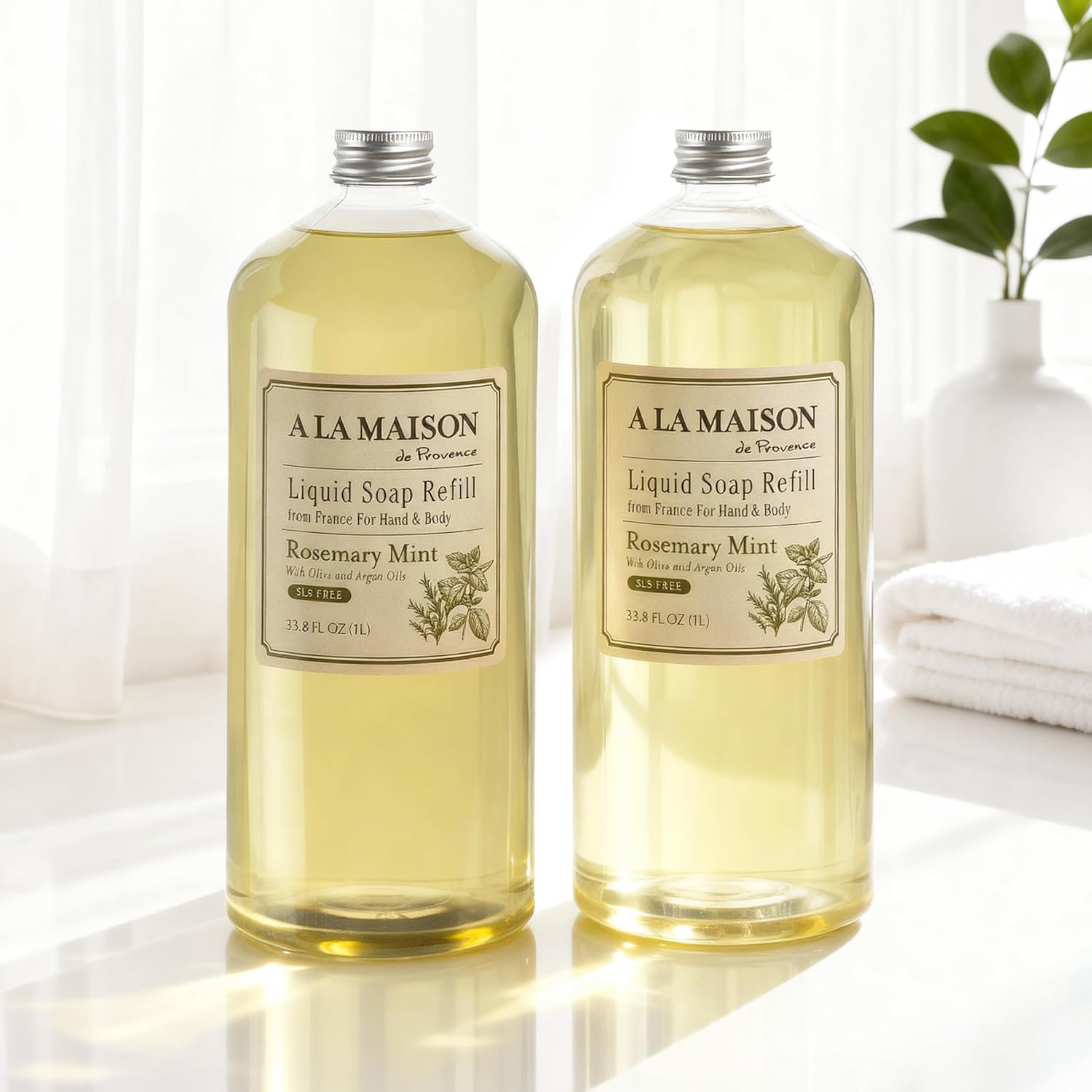 A LA MAISON Rosemary Mint Natural Hand Wash Made with Essential Oils - Biodegradable, Plant-Based, Vegan, Cruelty-Free (33.8 Fl Oz Refill, 2 Pack)