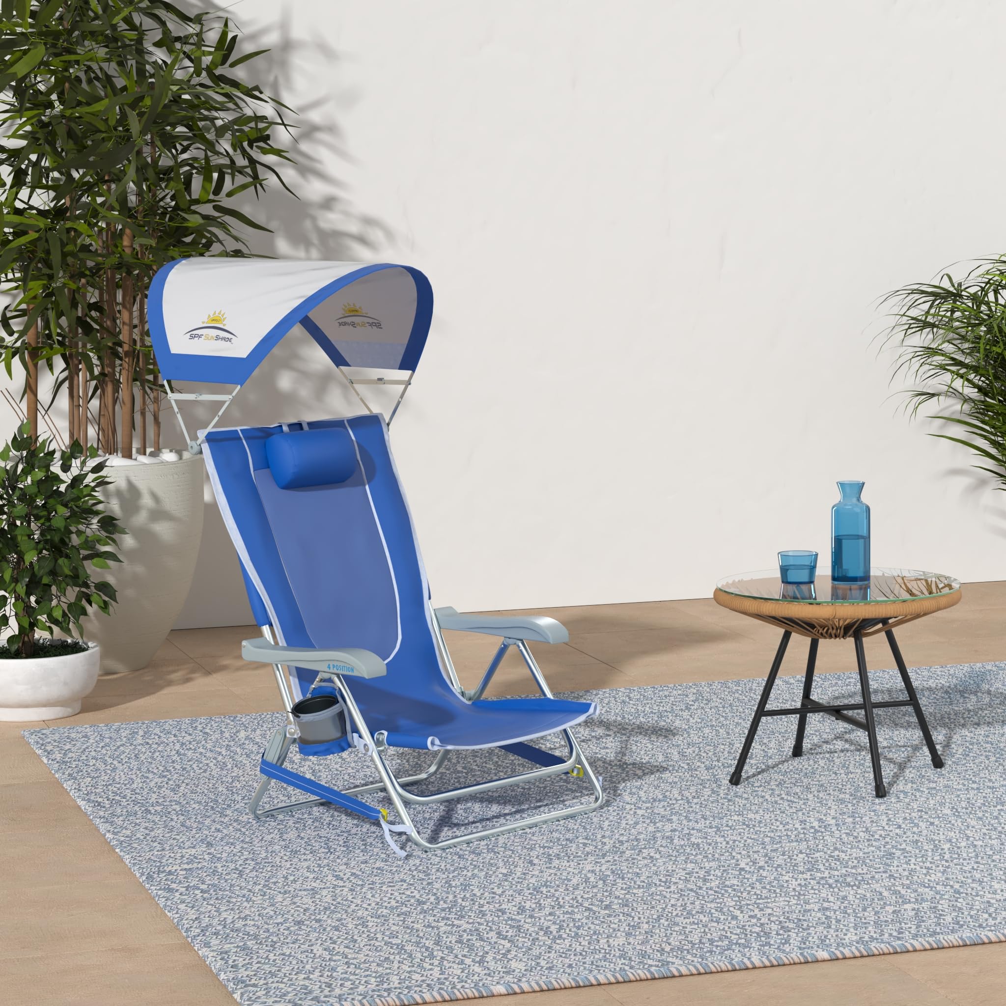 GCI Outdoor Sunshade Backpack Beach Chair | Reclining Folding Canopy Chair with Durable Armrests, Drink Holder & Carry Straps, Perfect for Beach Trips & Picnics — Saybrook Blue