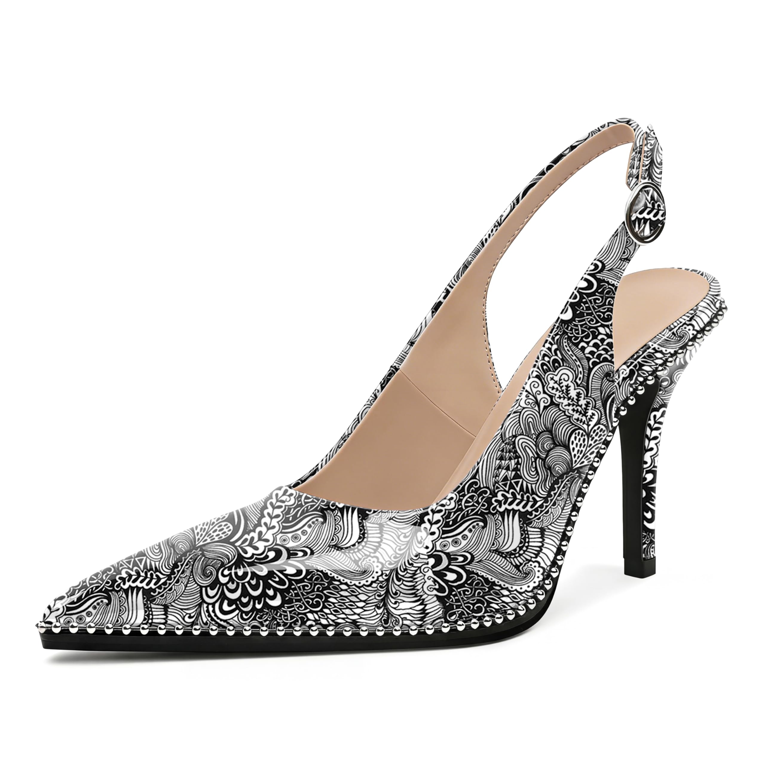 Zamikoo Women Beaded Pumps High Heel Slingback Pointed Toe Slip On 3.5 Inch Stilettos Ankle Strap Adjustable Buckle Patent Leather US Size 5 -Size 13