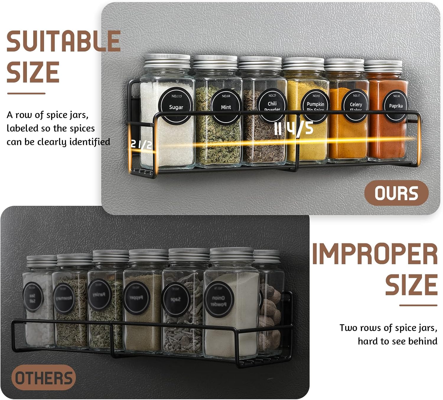 VITEVER Magnetic Spice Rack, 4 Pack, 24 Square Glass Jars with Lids, Quick-Find Pre-Printed Labels, Funnel, Space Saver, Refrigerator and Microwave Oven Organizer