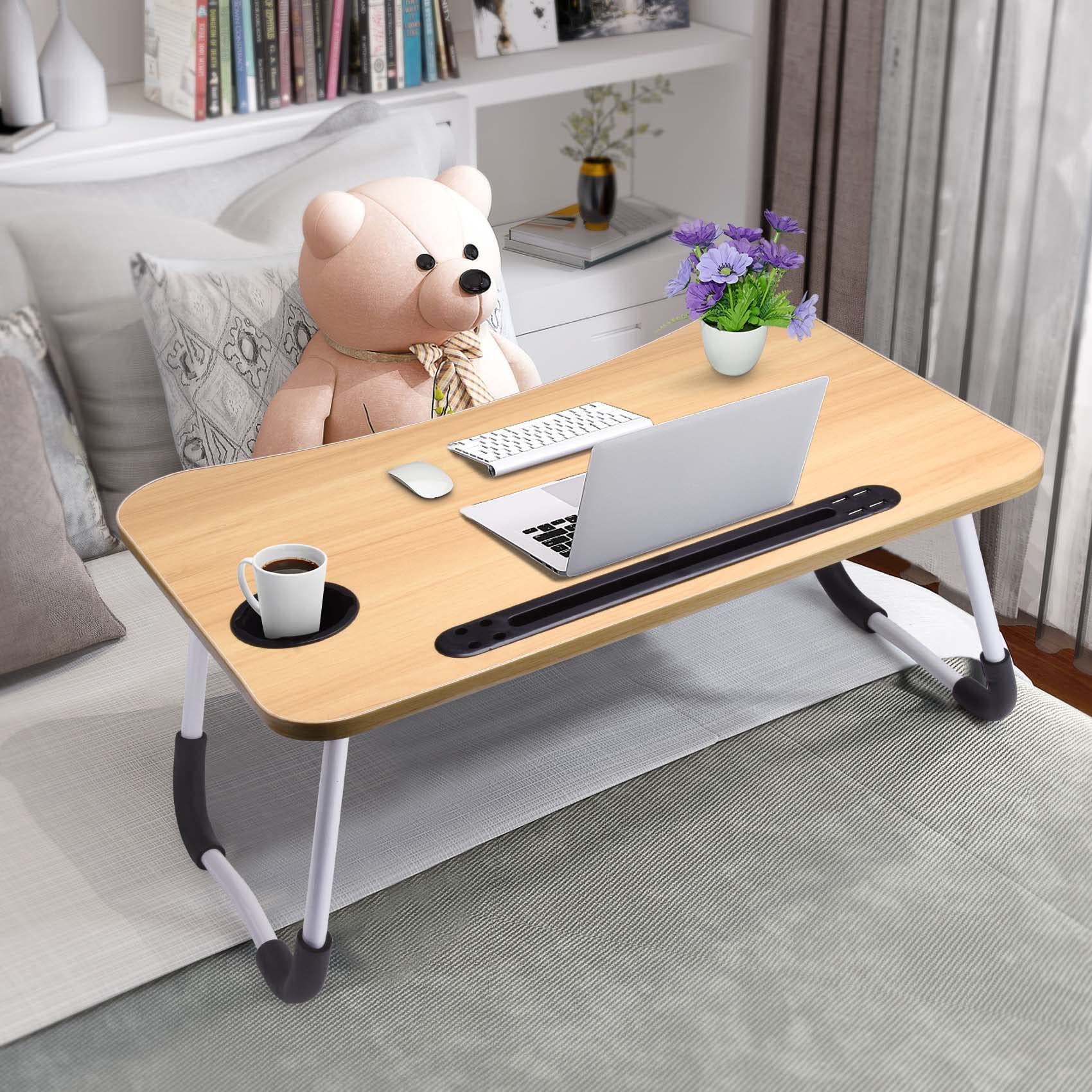 Slendor Lap Desk with Cup Holder, Foldable Laptop Table for Bed, Portable Bed Desk for Laptop and Writing, Computer Tray with Tablet Slot, Notebook Stand Reading Holder for Couch Sofa Floor,Black