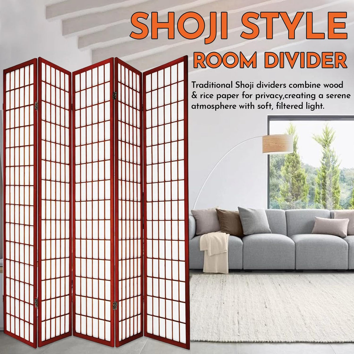 Legacy Decor Room Divider, Folding Shoji Screen, Real Wood Grid Frame, Translucent Privacy Panels, Freestanding Indoor Partition, Asian Style Folding Privacy Screen for Indoor Spaces, Cherry 5 Panels