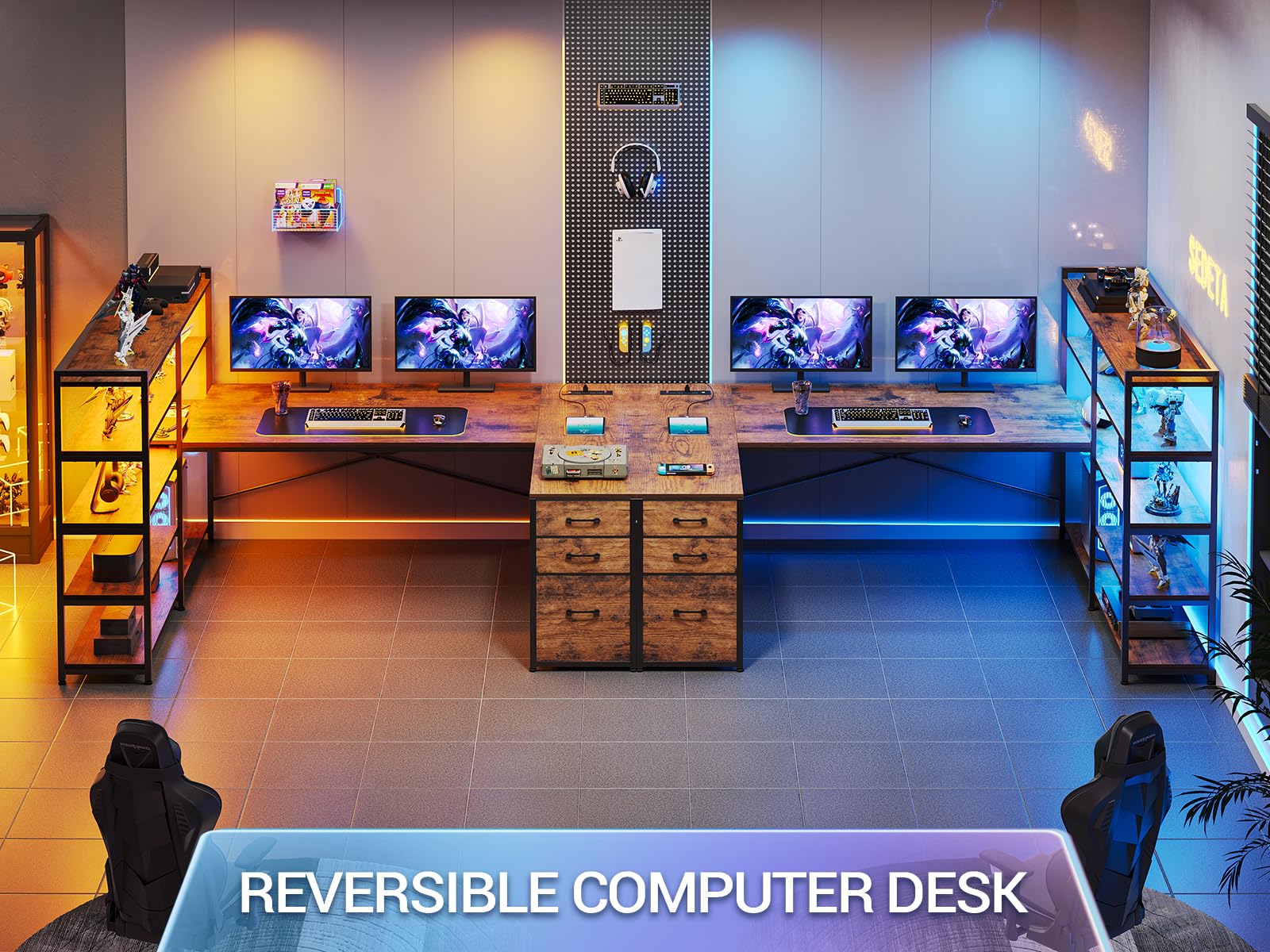 SEDETA L Shaped Gaming Desk, Reversible U Shaped Computer Desk with Power Outlet and Storage Shelves, Corner Gaming Desk with LED Lights, 3 Fabric Drawers, Black