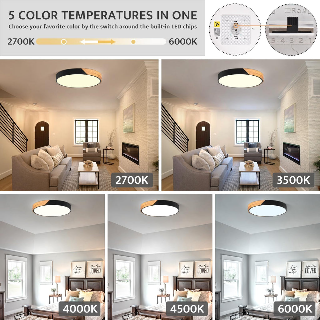Modern LED Ceiling Light, Minimalist Wood Dimmable Flush Mount Ceiling Light Fixture, Round 5CCT Lighting Lamp with Acrylic Lampshade for Bedroom Hallway Kitchen Laundry, Black 11.8"