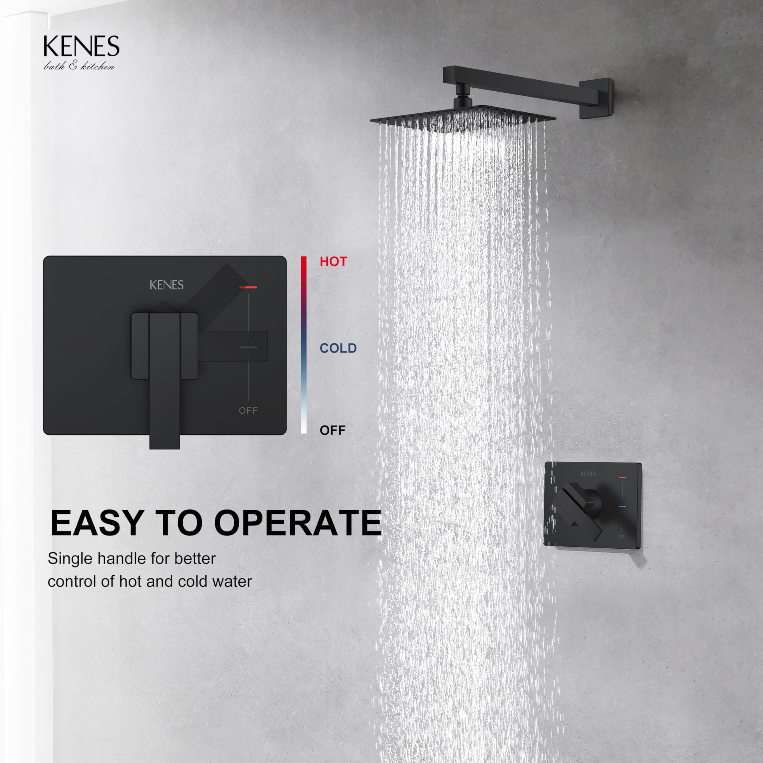 KENES Brushed Nickel 10-Inch Shower Head and Handle Set, Square Shower Faucet Set Bathroom Rainfall Shower System Wall Mount, KE-6024B (Shower Valve Included)