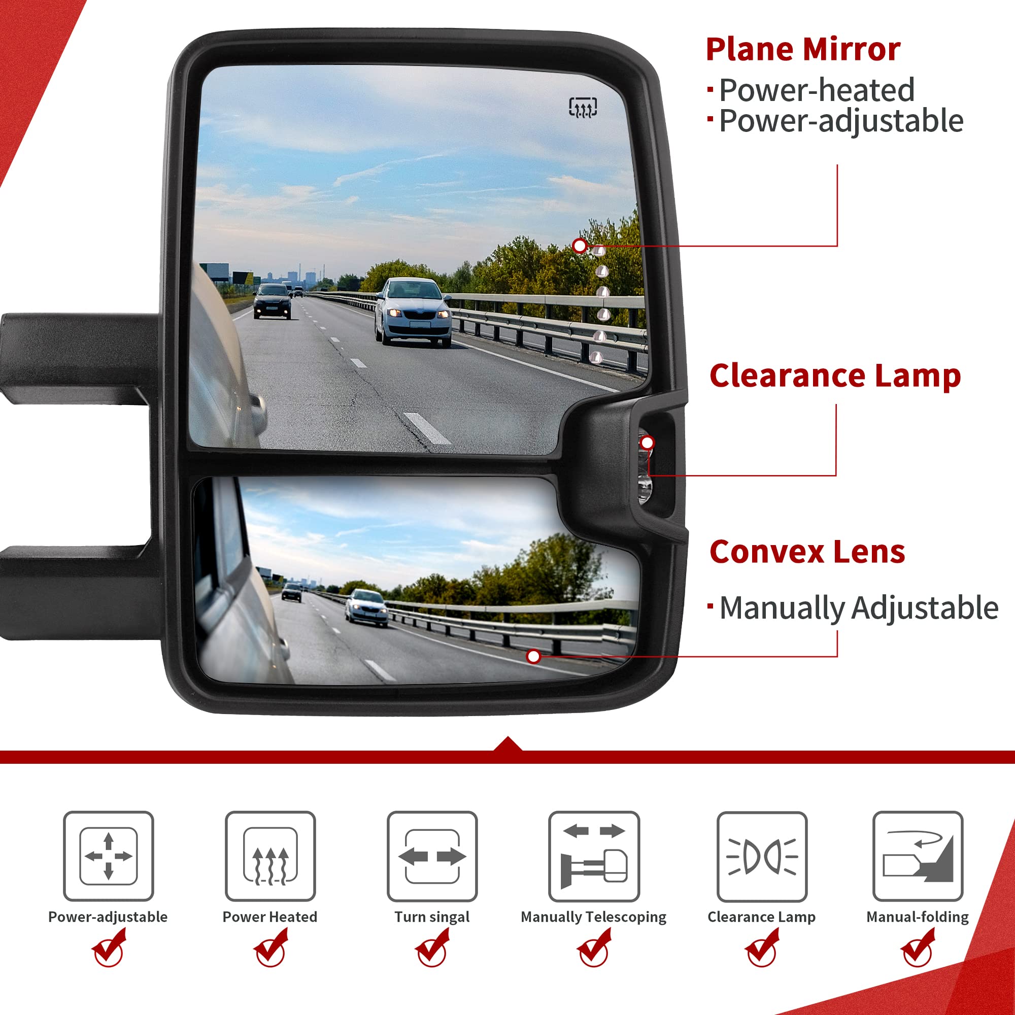 YITAMOTOR Towing Mirrors Compatible with 07-13 Silverado 1500 2500 3500 Tahoe Suburban Avalanche GMC Sierra Yukon Cadillac LED Turn Signal Light Power Heated Manual Telescoping Folding