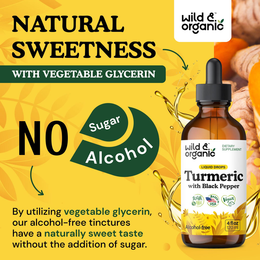 Wild & Organic Turmeric Curcumin Supplement with Black Pepper - Movement & Immune Support - Liquid Turmeric Curcumin with Black Pepper - Add to Tea Drops - Vegan, Sugar & Alcohol-Free Tincture - 2 oz