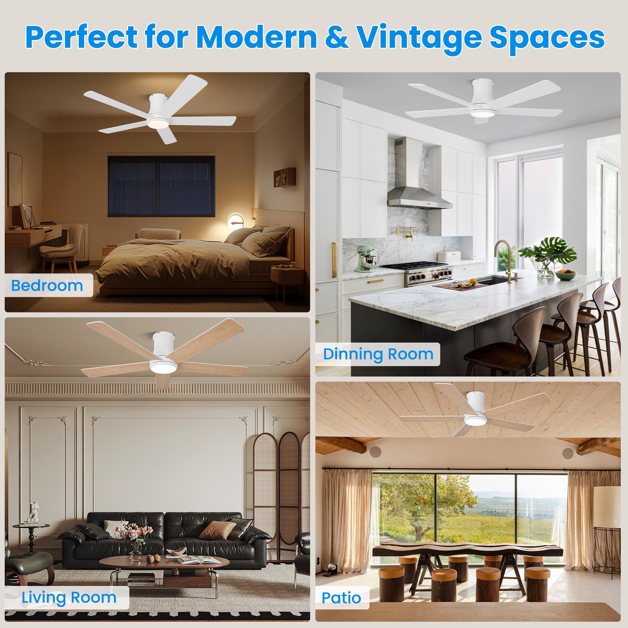 42 Inch Low Profile Ceiling Fan with Light, White Ceiling Fans with Lights and Remote, Flush Mount, 6 Speeds Reversible Quiet DC, 3CCT Dimmable, Indoor Outdoor Ceiling Fans for Patios Bedroom