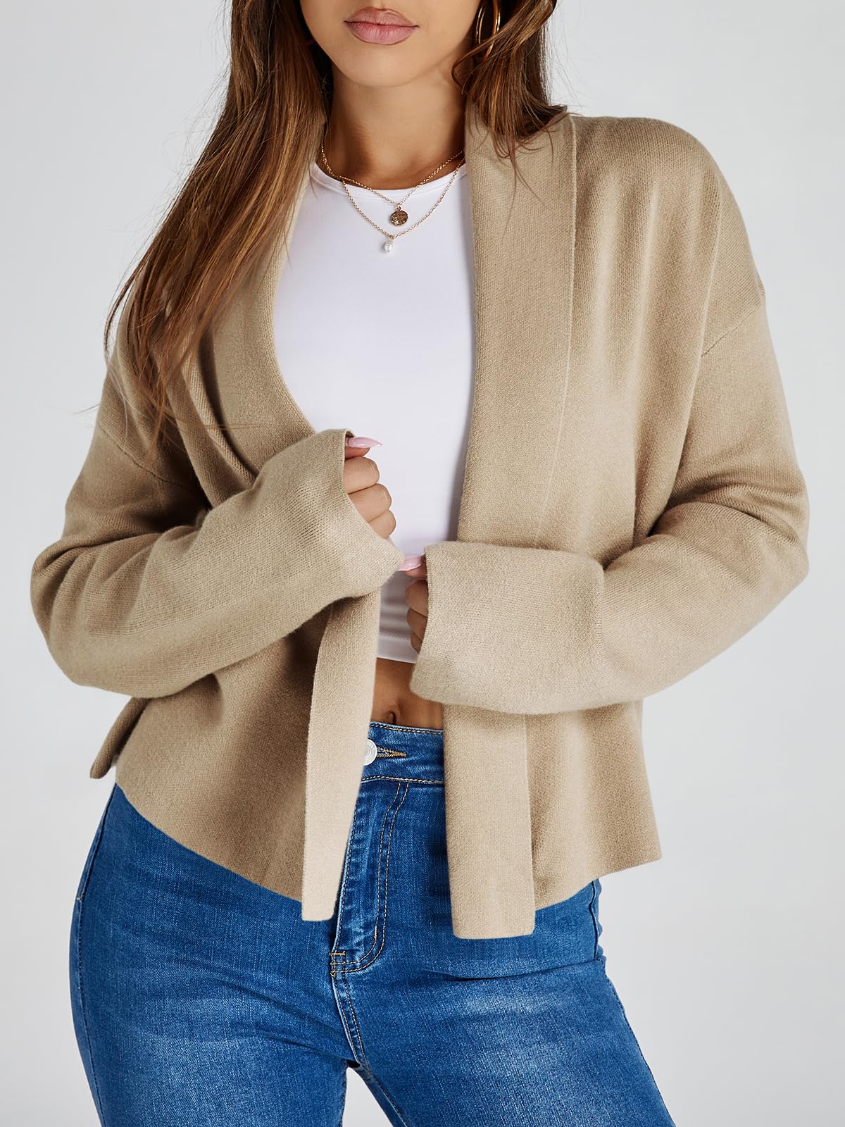 Saodimallsu Womens Cropped Cardigan Open Front Shawl 2026 Fall Trendy Long Sleeve Sweater Jacket