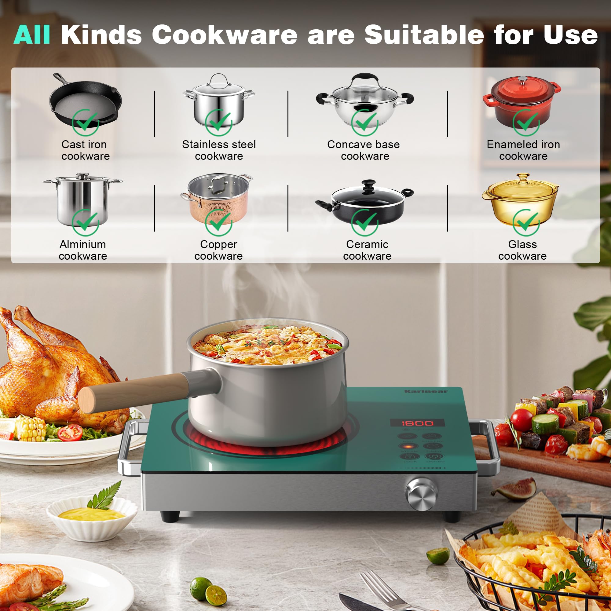 Karinear Portable Electric Stove 110V, 1800W Electric Hot Plate with Handle, Knob Control Single Burner Electri Cooktop, Ceramic Infrared Countertop Burner, Timer, Safety Lock(Green)
