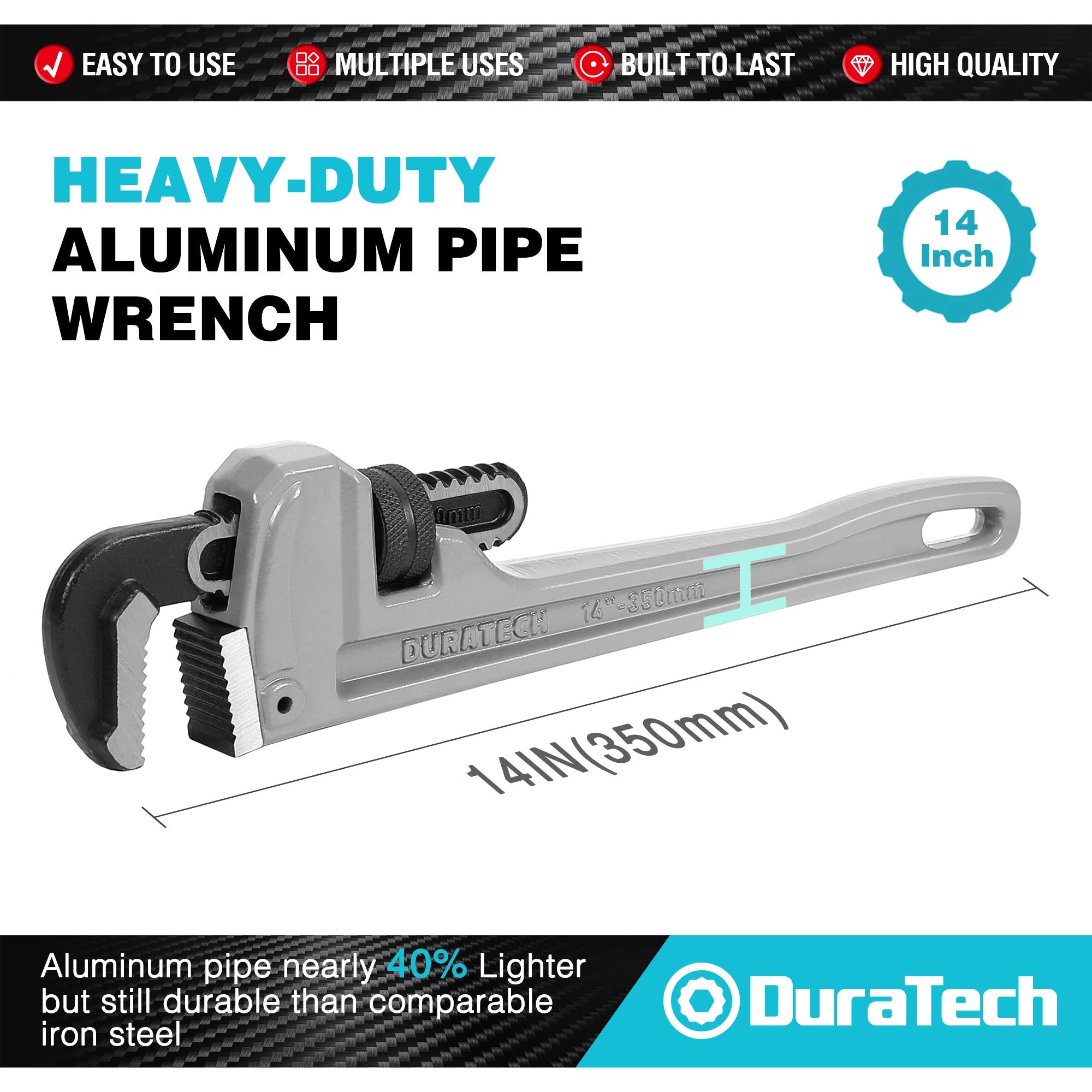 DURATECH 8-inch Heavy Duty Aluminum Straight Pipe Wrench, Adjustable Plumbing Wrench, Drop Forged, Exceed GGG standard