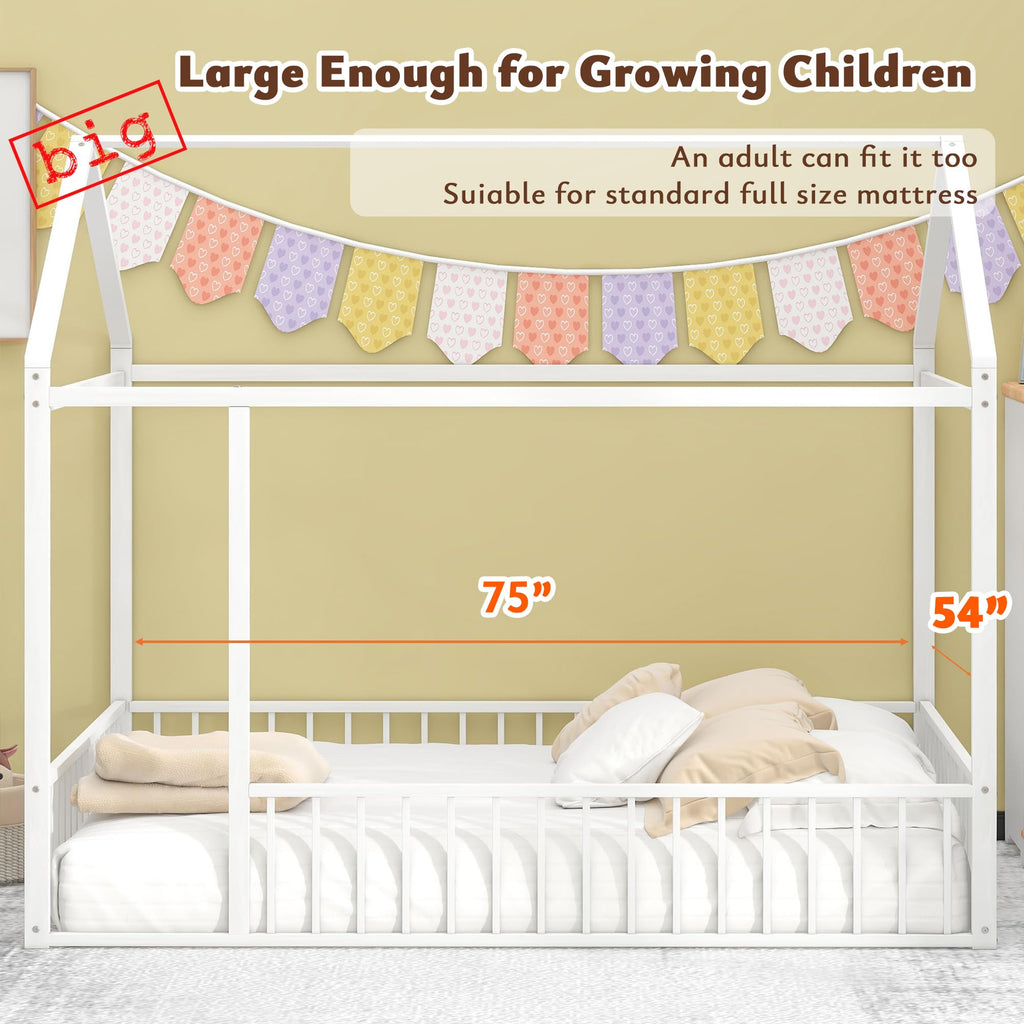 Bellemave Twin Size Montessori Floor Bed, Metal House Bed Framefor Kids, Montessori Floor Beds with Fence, Playhouse for Kids,Black