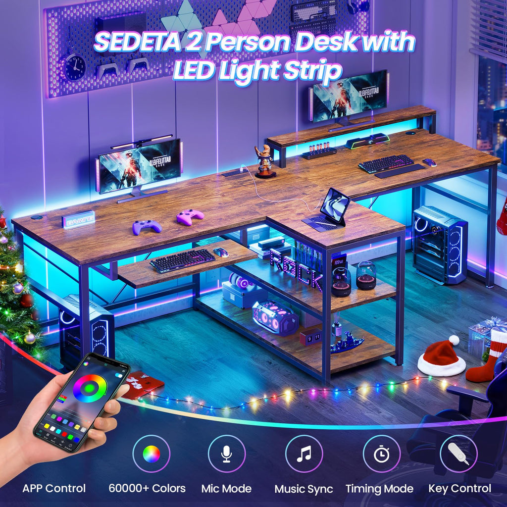SEDETA 94.5" Office Computer Desk, 2 Person Gaming Desk with Storage, LED Lights, Keyboard Tray, Power Strip with USB & Monitor Stand, Long Two Person Desk for Home Office, Black