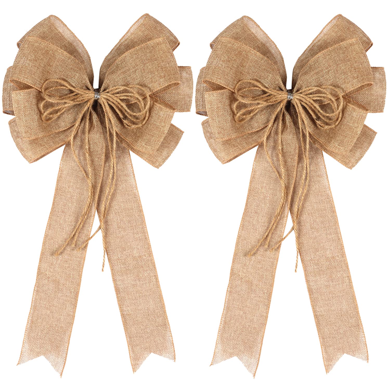 2 Pack Large Burlap Jute Hemp Rope Bows for Wreaths,Rustic Farmhouse Crafts Bow Wrapping Tree Topper Wedding Holiday Birthday Party Wall Home Boho Front Door Decorations