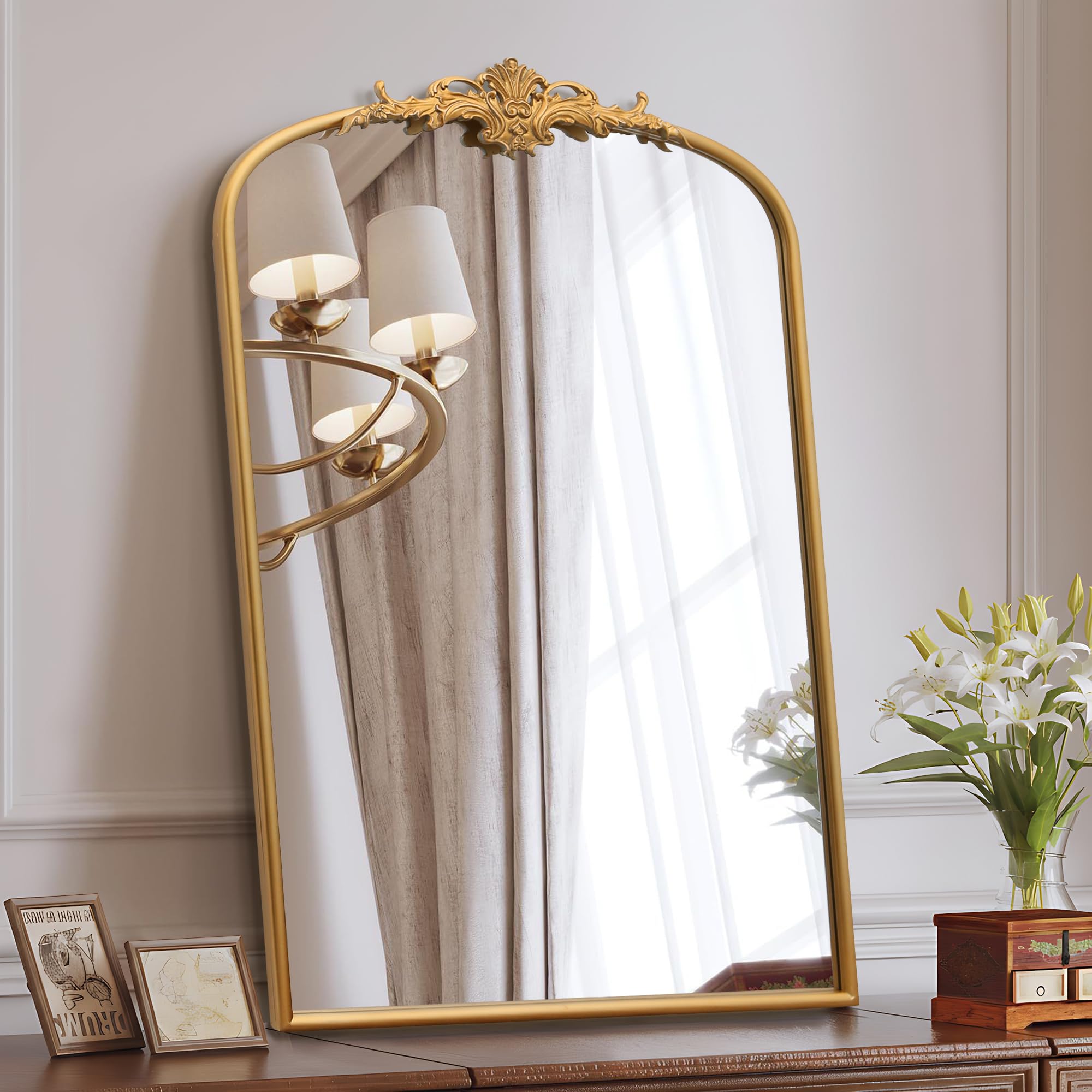 Besdomus Vintage Arched Black Mirror: 32"x24" French Large Black Vintage Wall Mirror - Baroque Traditional Ornate for Living Room/Fireplace/Bathroom- Ideal Gifts for Housewarming/Birthday